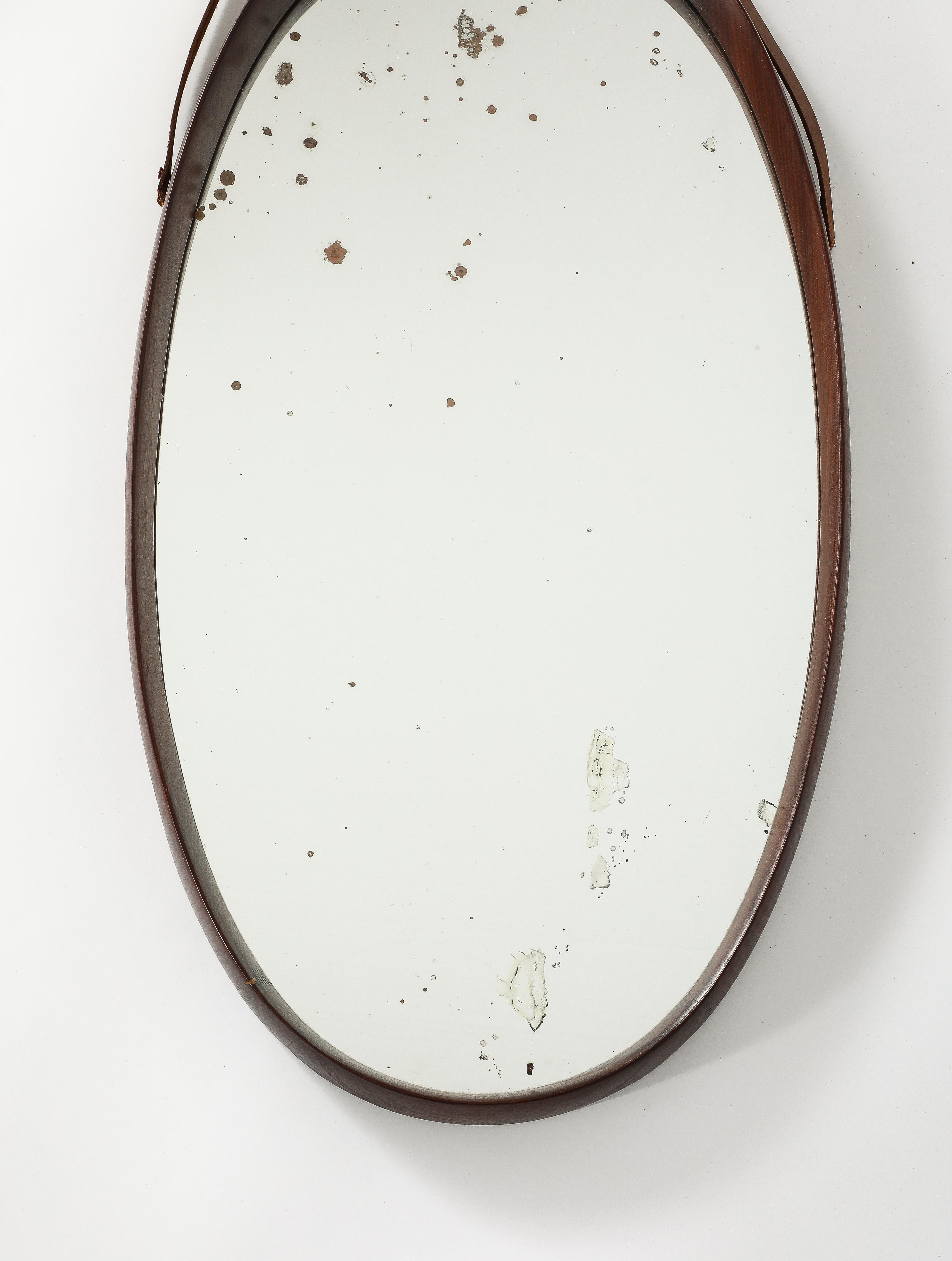 Italian Oval Teak Wall Mirror with Leather Strap, Italy, circa 1950  For Sale 3