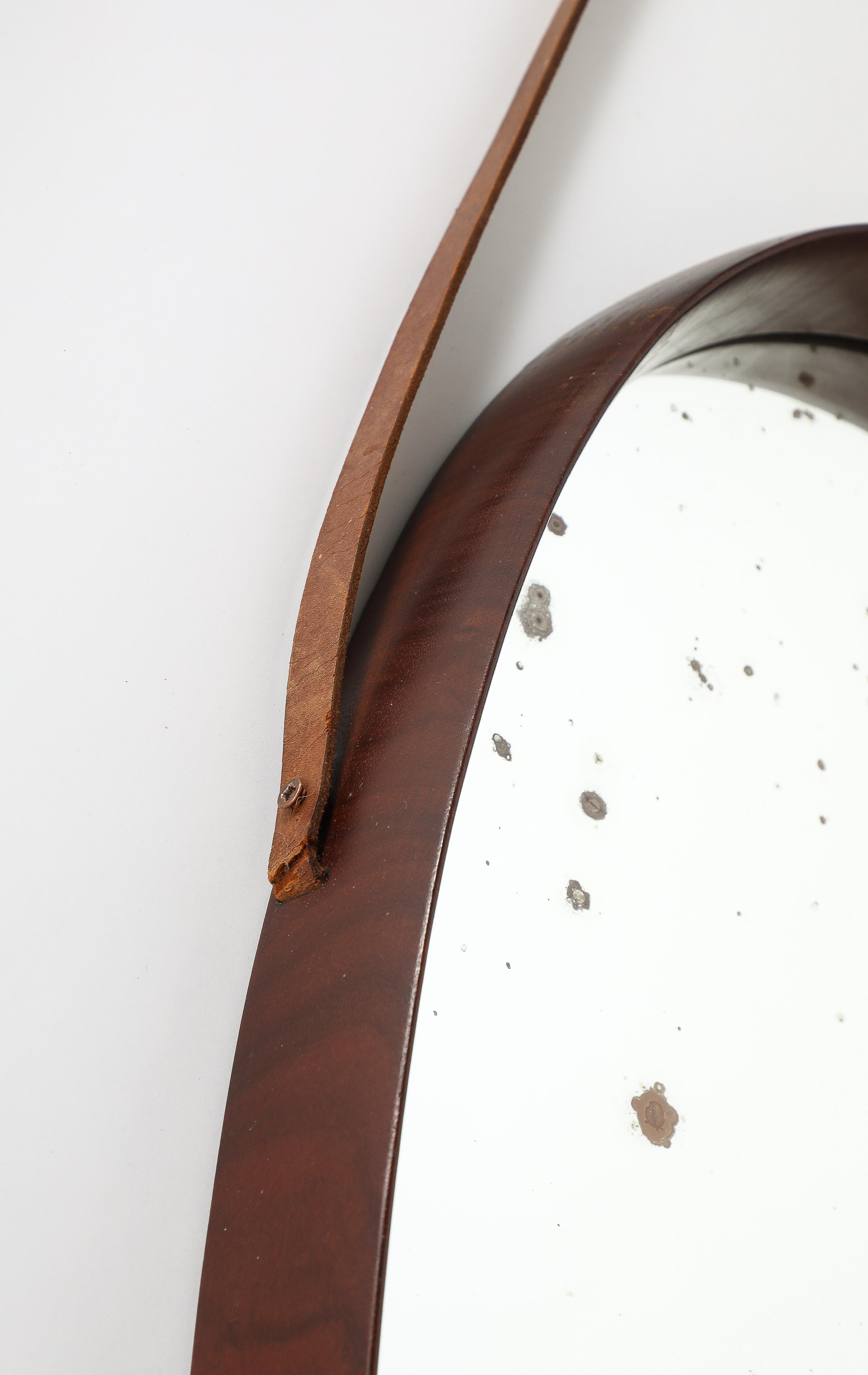 Italian Oval Teak Wall Mirror with Leather Strap, Italy, circa 1950  For Sale 4