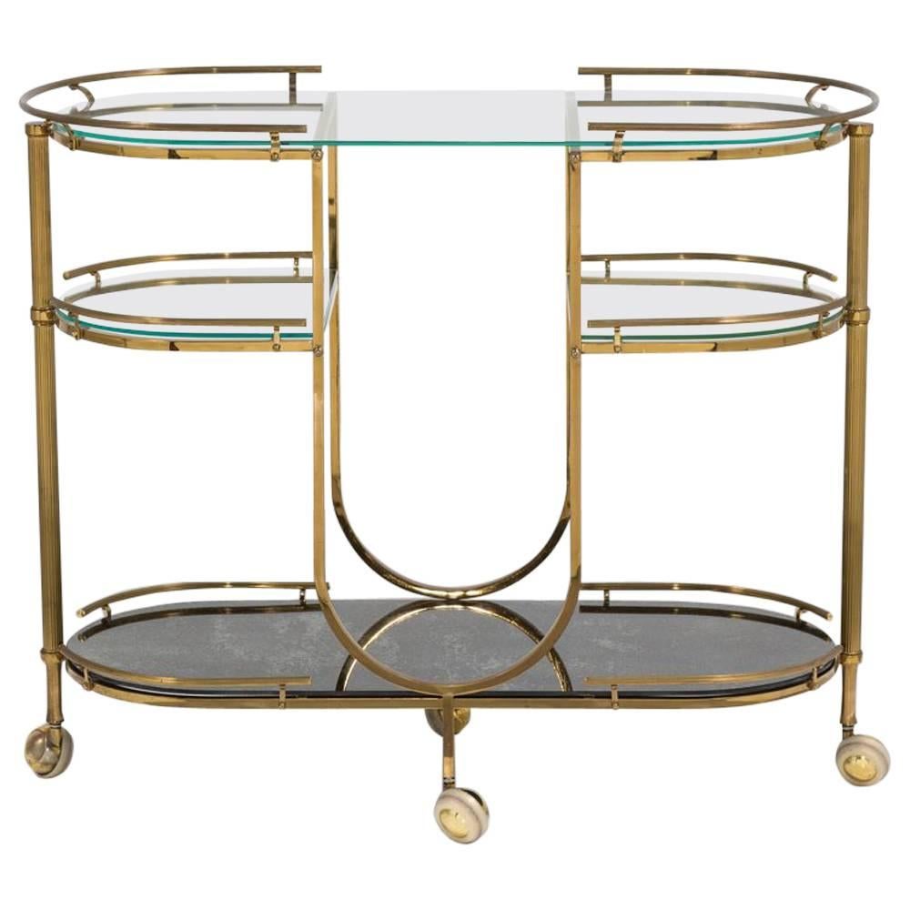 Italian Oval Three-Tiered Brass Bar Cart, 1960s