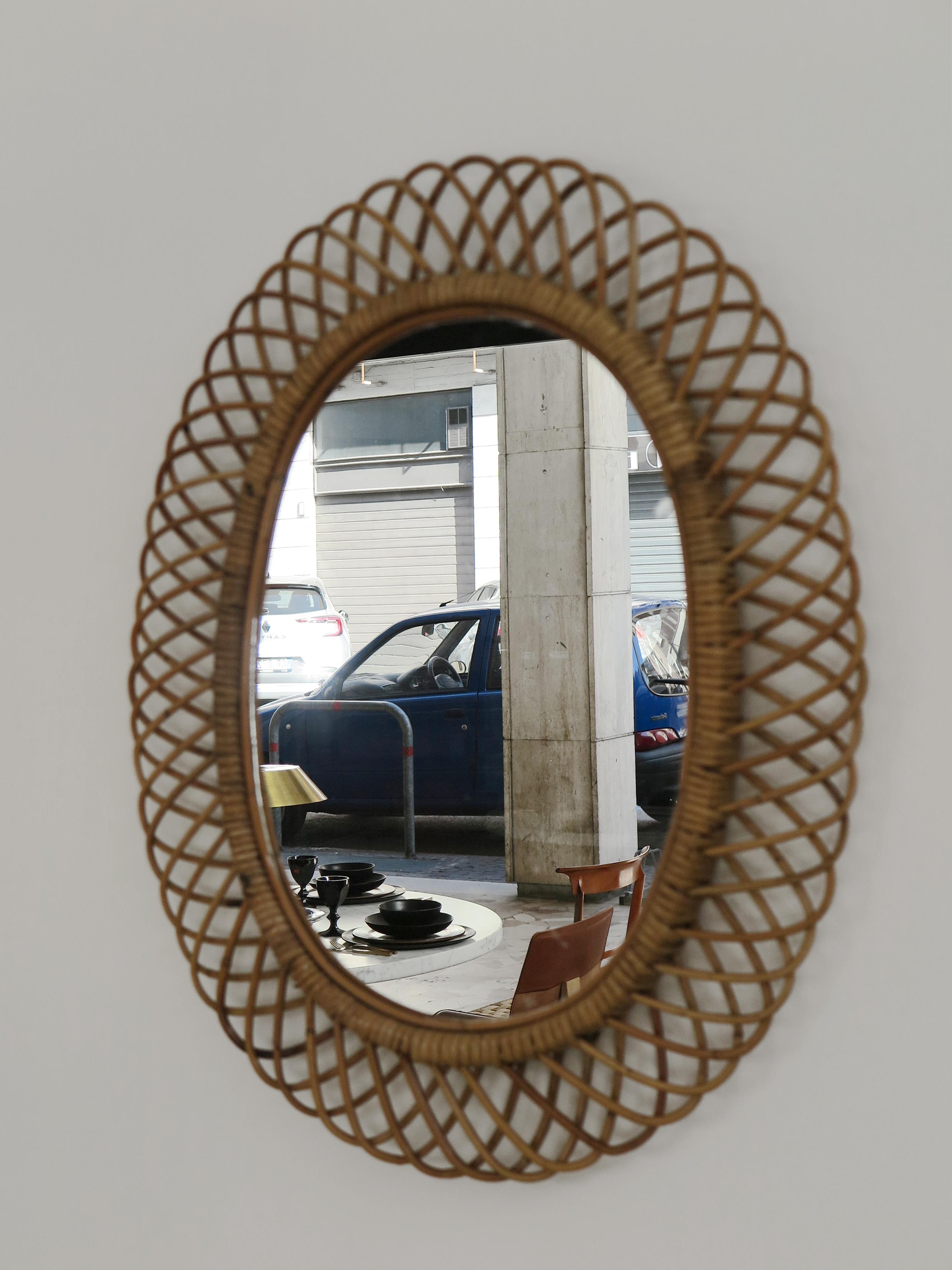 Mid-Century Modern Italian Oval Wall Mirror Bamboo Rattan Midcentury 1950s