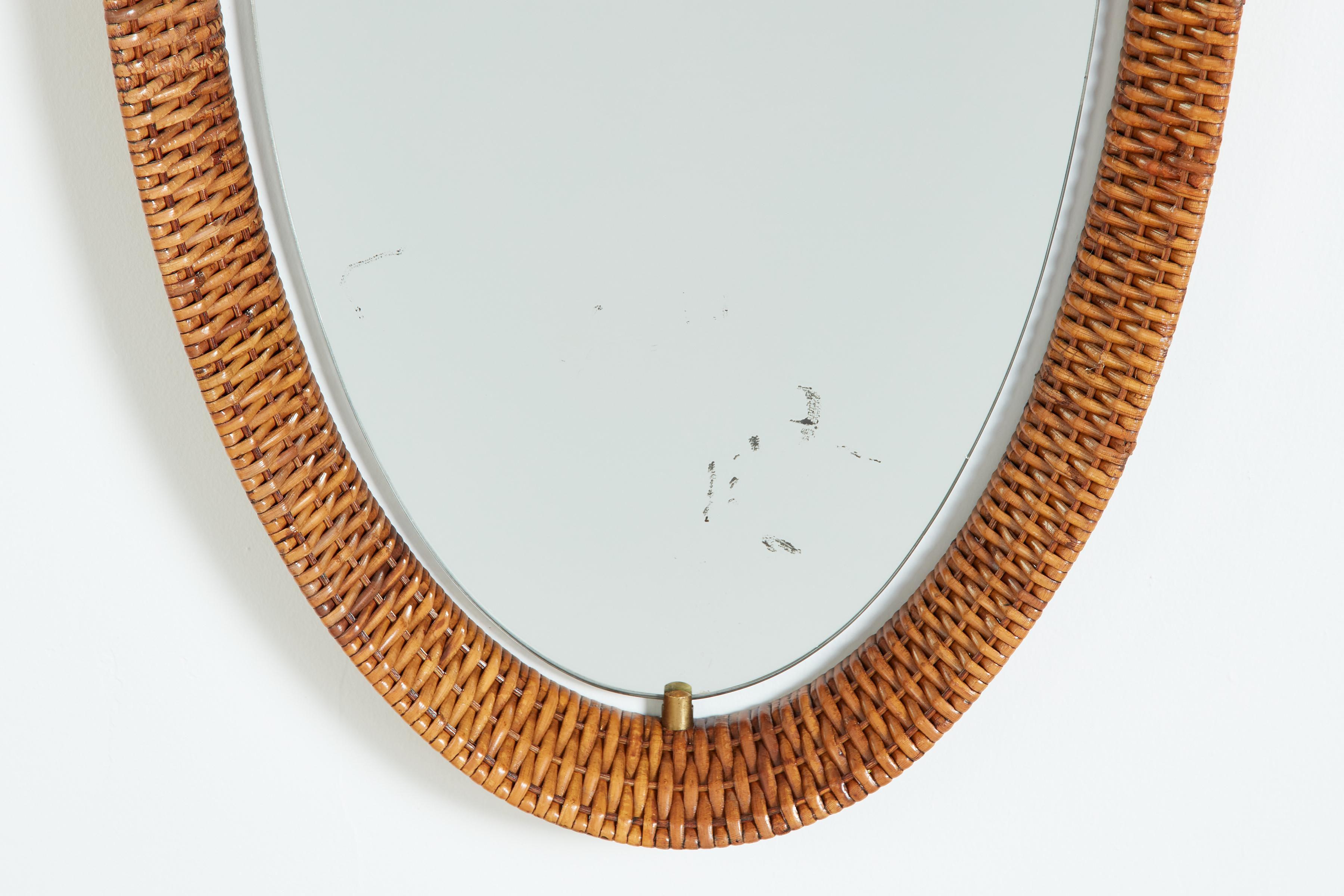 Brass Italian Oval Wicker Mirror For Sale