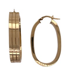 Italian Oval Wide Hoop Ribbed Earrings 14 Karat Yellow Gold