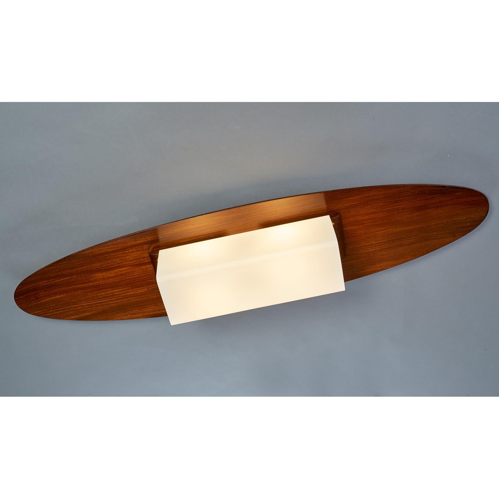 Mid-Century Modern Oval Ceiling Light, Wood and Opaline Glass, Italy 1960s For Sale