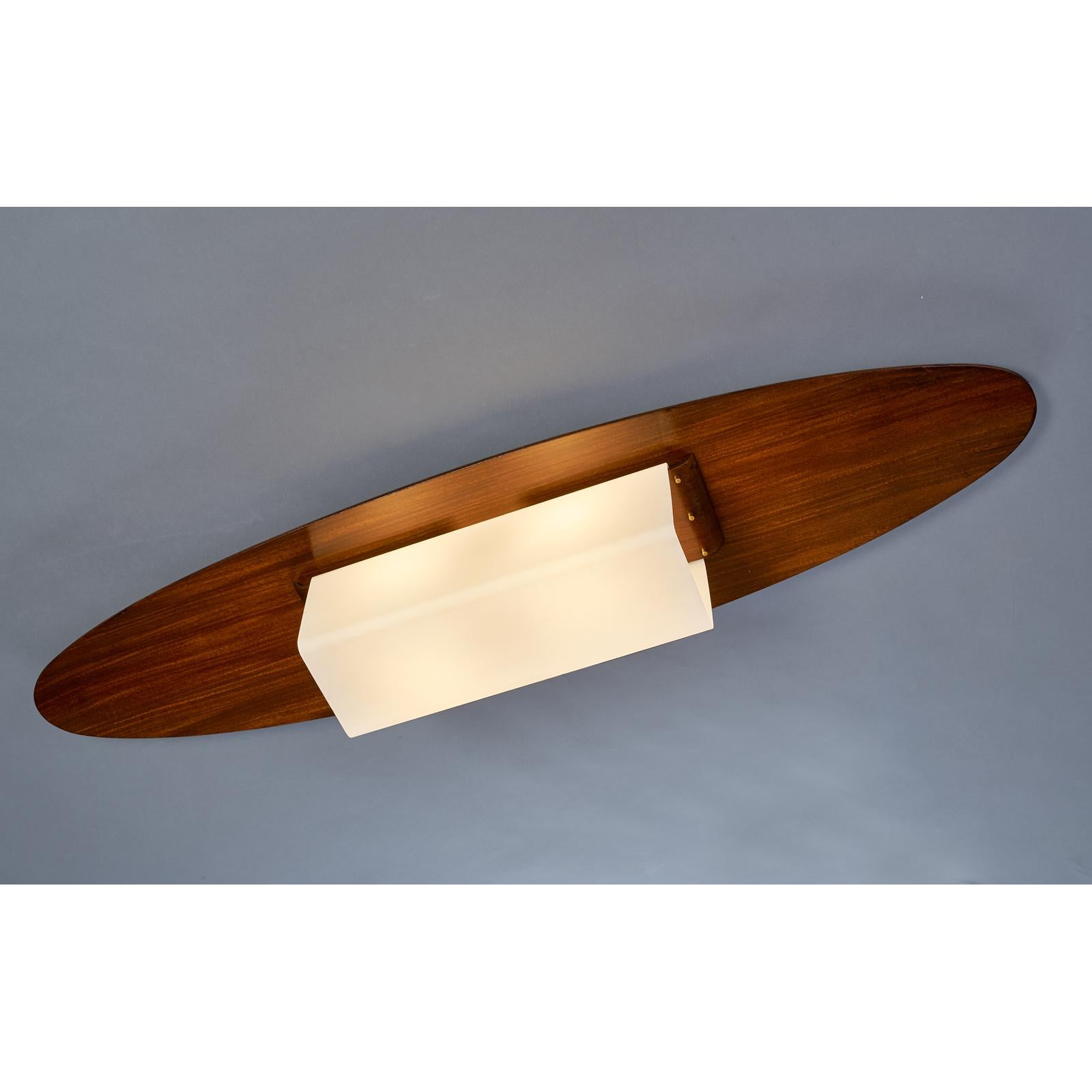 Oval Ceiling Light, Wood and Opaline Glass, Italy 1960s For Sale 1