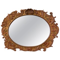 Italian Oval Wood Polychrome Rococo Style Mirror Rocaille Patterns, 19th Century