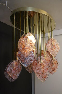 Italian Ovale Mid-Century Modern Brass and Pink Glass Chandelier