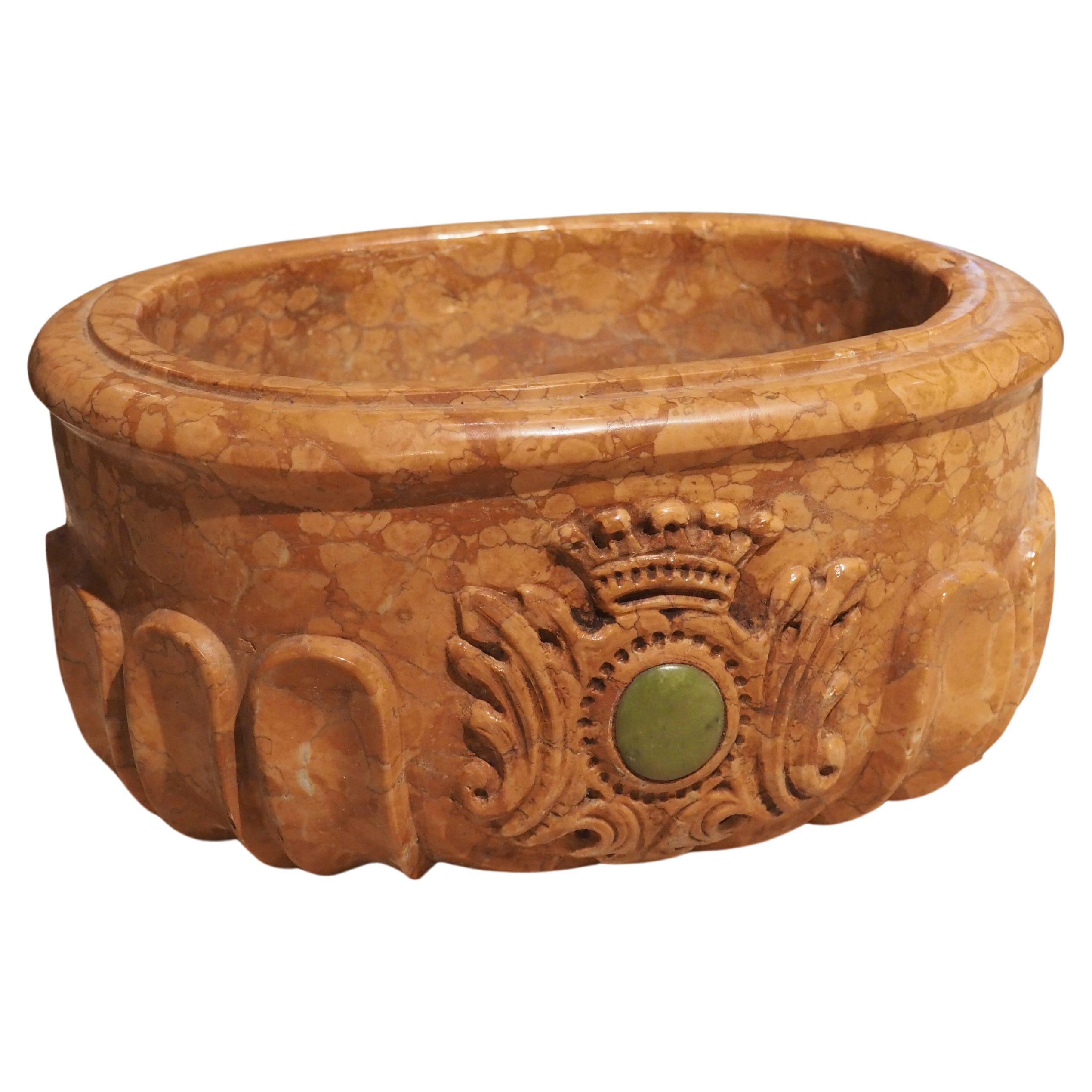 Italian Ovate Lobed Marble Planter with Cartouche and Green Medallion