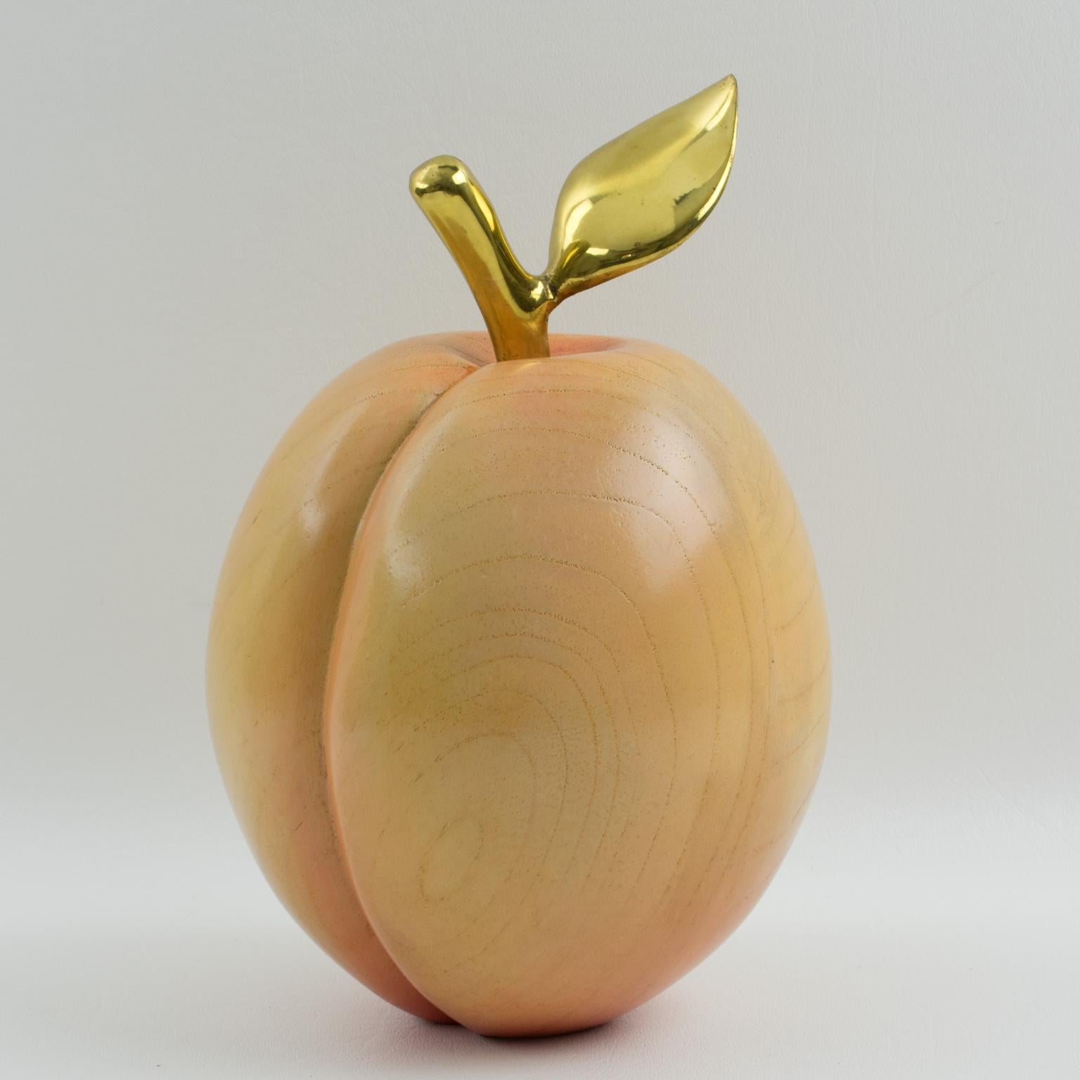Metal Italian Oversized Carved Wood and Brass Peach Decorative Sculpture, 1980s For Sale