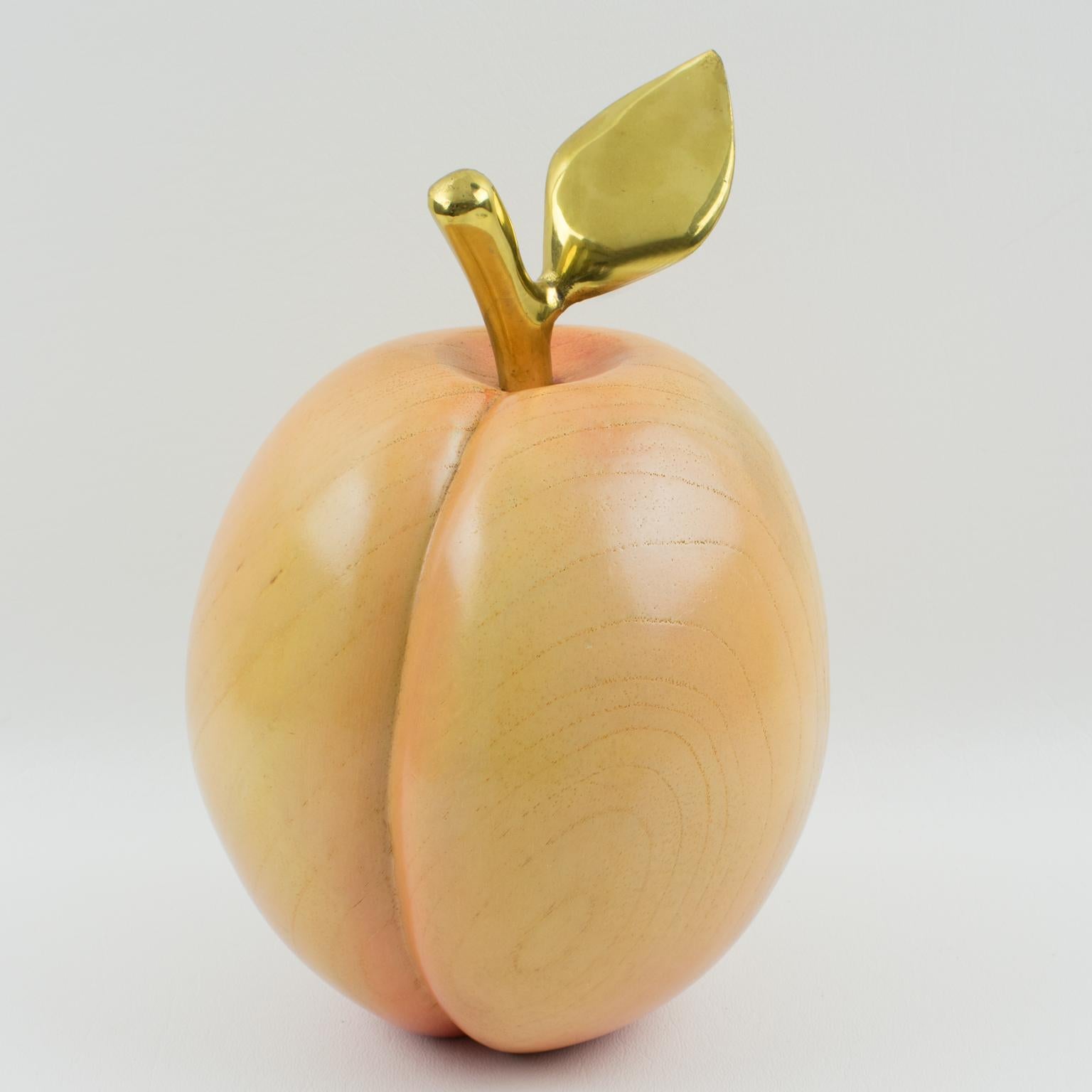 Italian Oversized Carved Wood and Brass Peach Decorative Sculpture, 1980s For Sale 2