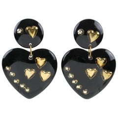 Italian Oversized Dangling Black Lucite Heart Clip-on Earrings Gilded Inclusions