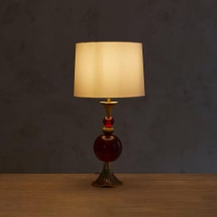 Italian Oxblood Glass + Gilt Metal Table Lamp, 1970s