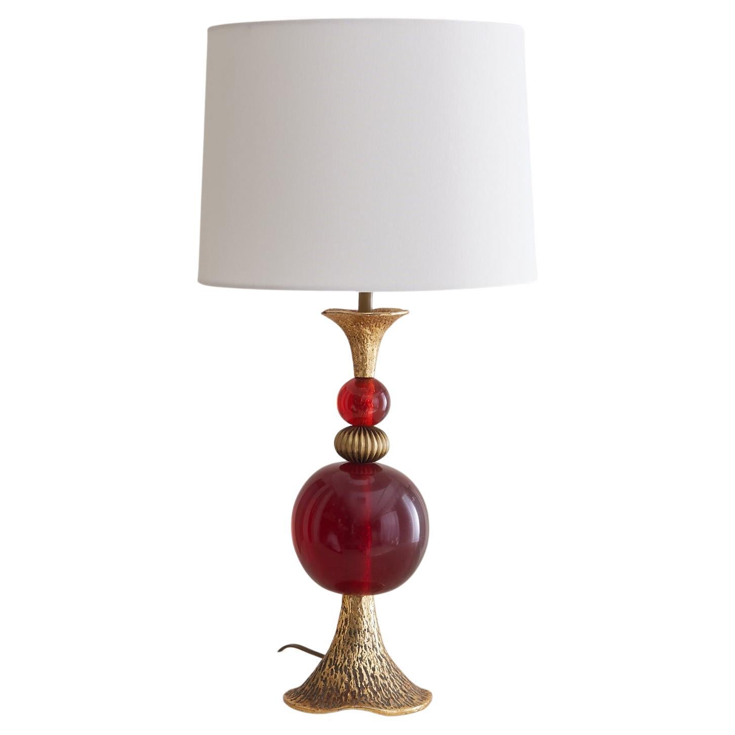 Italian Oxblood Glass + Gilt Metal Table Lamp, 1970s