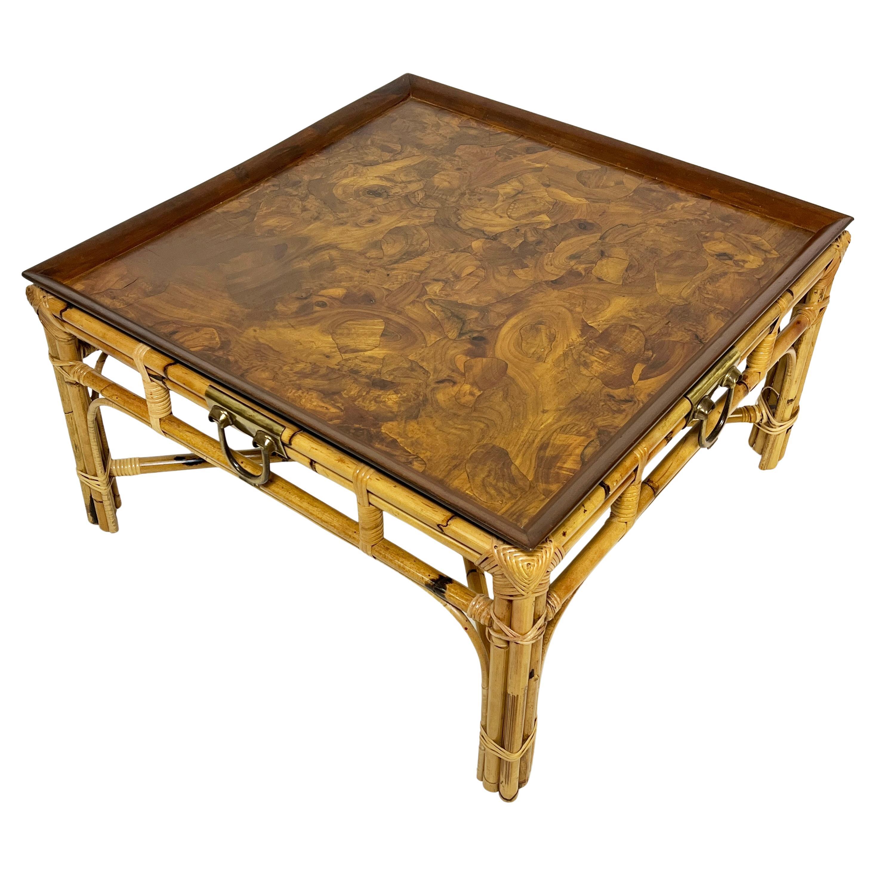 Italian Oyster Burl and Wrapped Bamboo Coffee Table, Circa 1970s For Sale