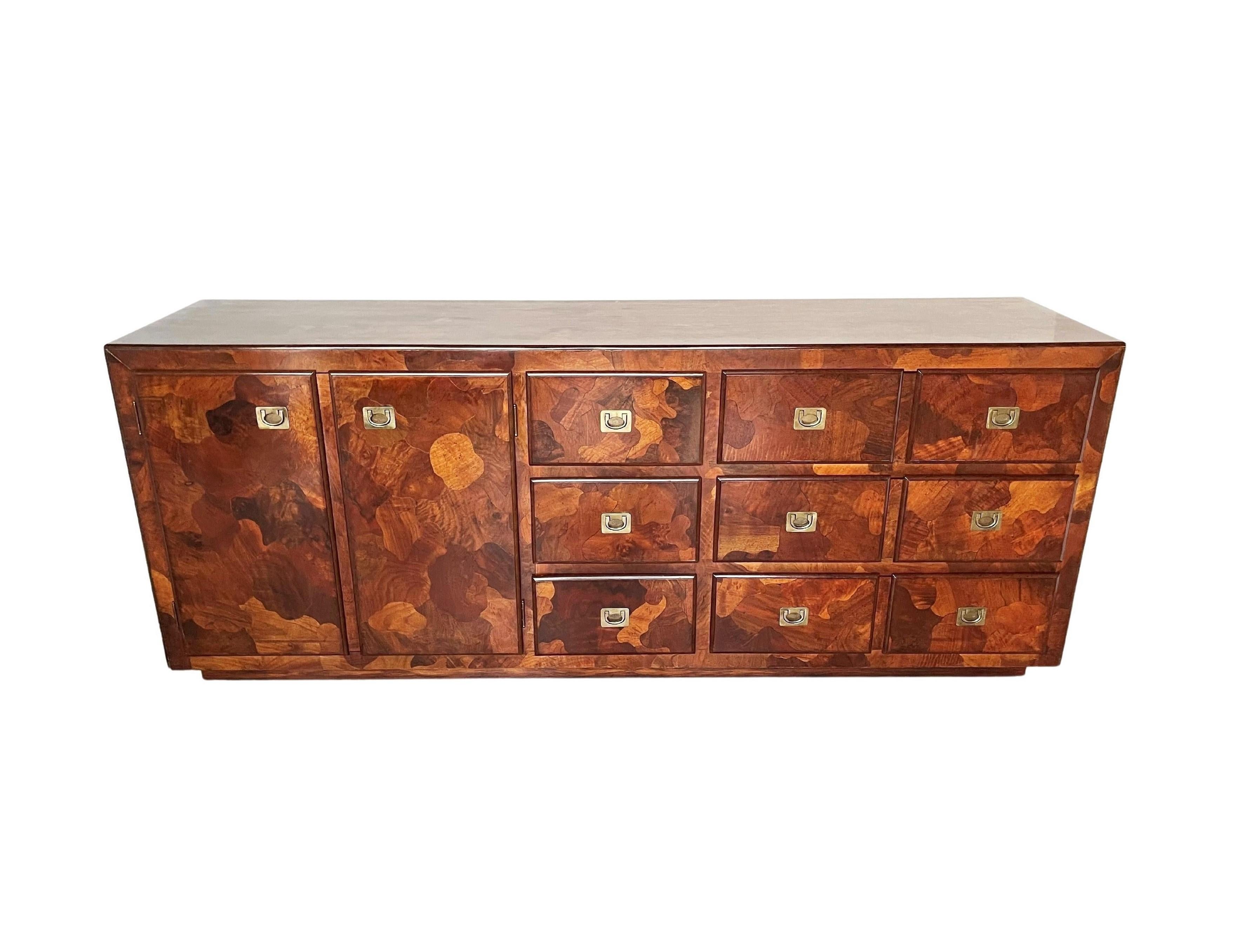 Mid-Century Modern Italian Oyster Burl Chest of Drawers Dresser with Brass Hardware