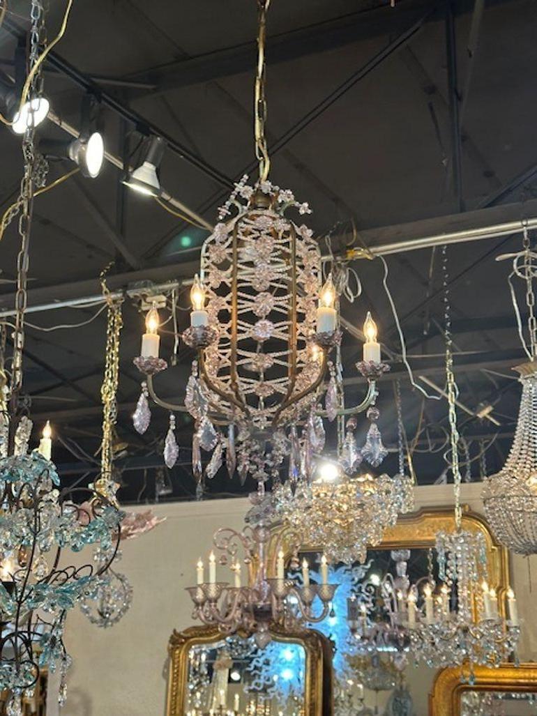 Early 20th century Italian beaded crystal and amethyst pagoda form chandelier. Circa 1920. The chandelier has been professionally rewired, comes with matching chain and canopy. It is ready to hang!