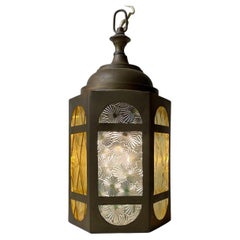 Vintage Italian Pagoda Pendant Lamp in Colored Glass and Brass, 1940s