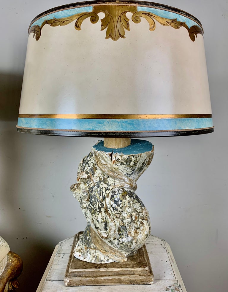 Hand-Carved Italian Pained Column Lamps with Parchment Shades, Pair For Sale