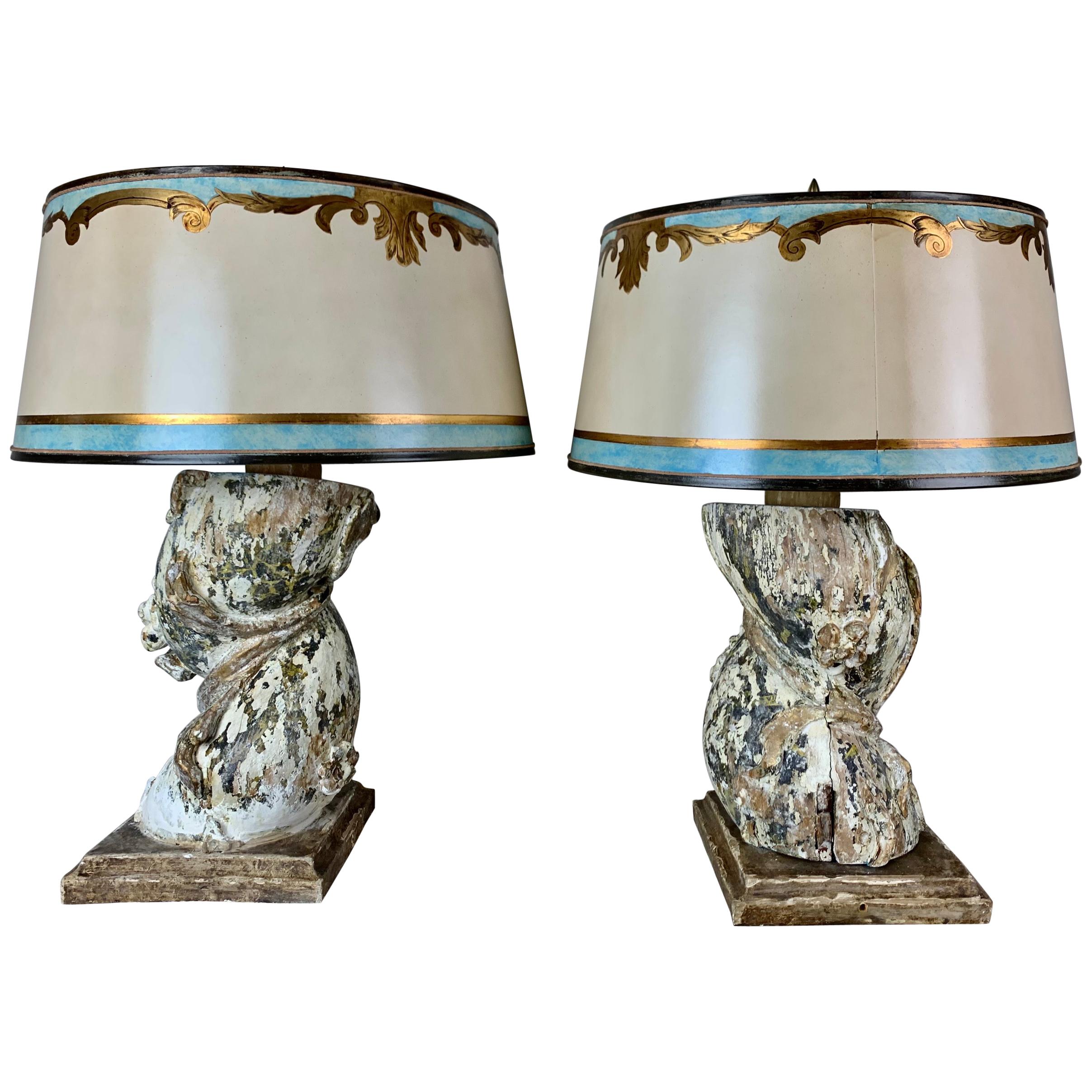 Italian Pained Column Lamps with Parchment Shades, Pair