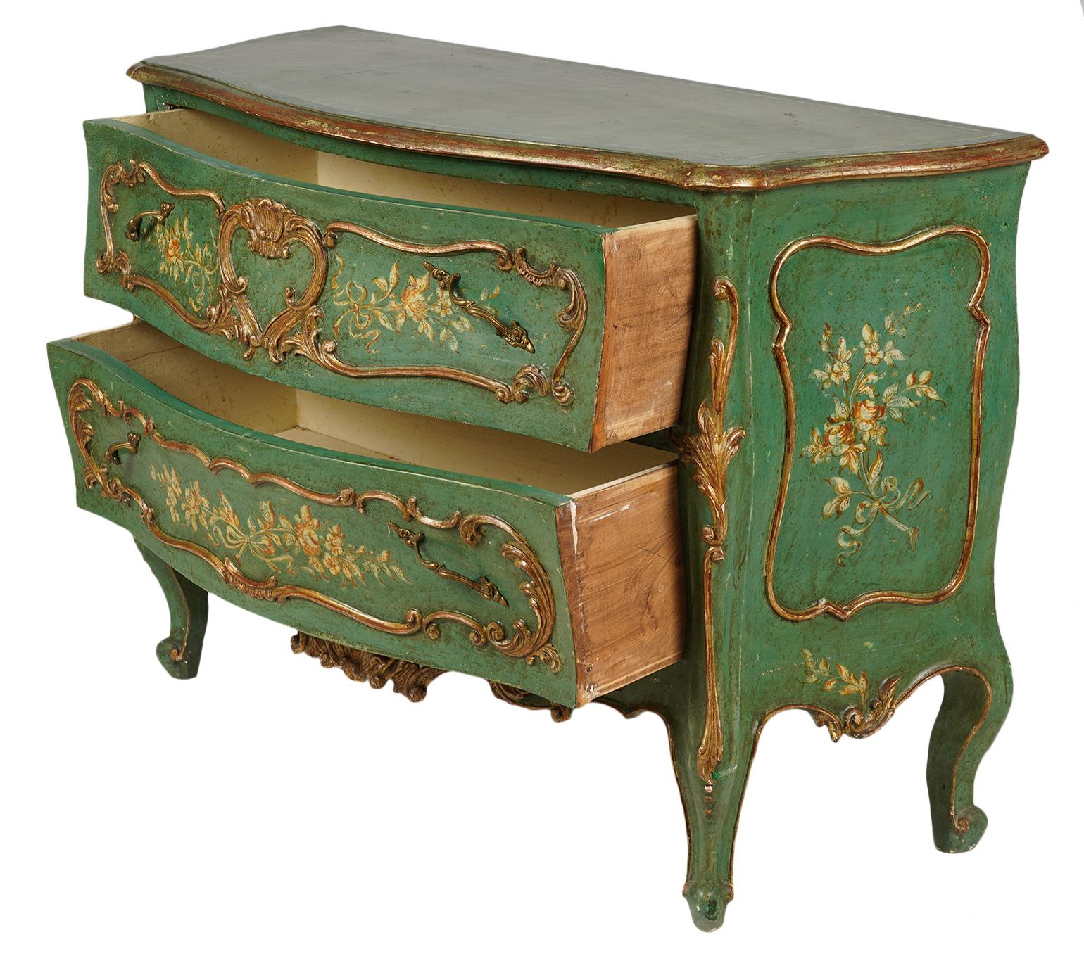 Painted Italian Paint and Parcel Gilt Decorated Serpentine Front Rococo Style Commode