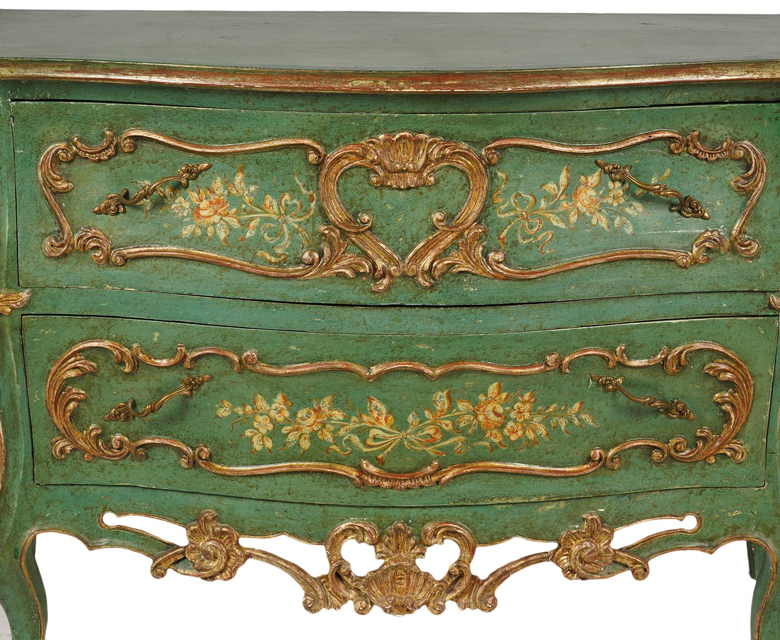 Bronze Italian Paint and Parcel Gilt Decorated Serpentine Front Rococo Style Commode