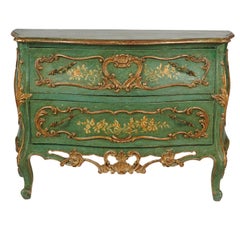 Italian Paint and Parcel Gilt Decorated Serpentine Front Rococo Style Commode