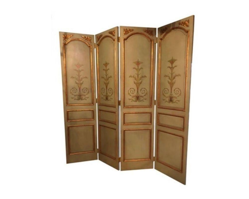 Hollywood Regency Italian Continental paint decorated and parcel-gilt monumental screen or room divider. This fine custom quality olive green painted room divider have four panel each that are 24 inches wide with a hand-painted floral scene with