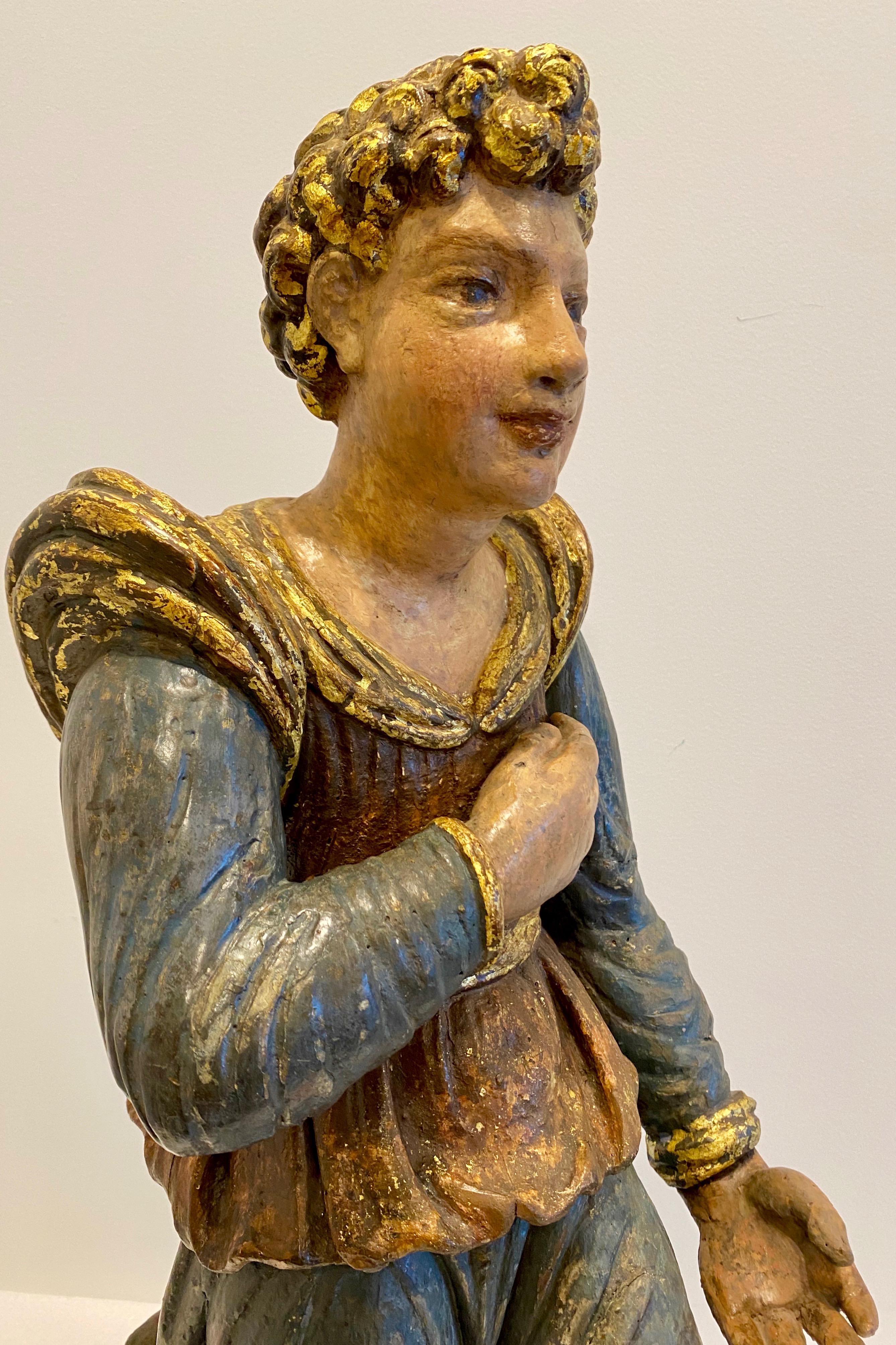 Baroque Italian Painted and Lacquered Wooden Sculpture of a Kneeling Figure, Circa 1650 For Sale