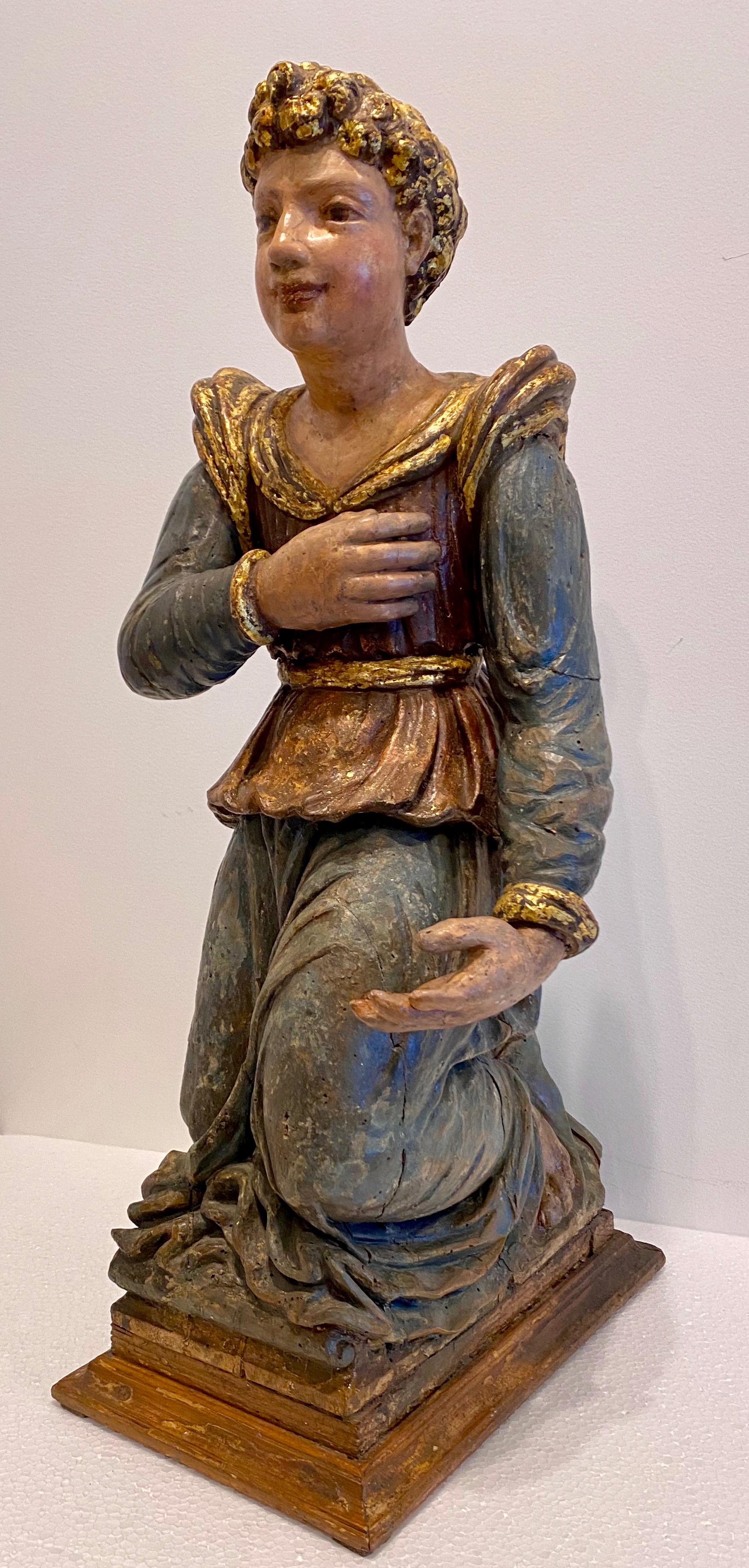 Italian Painted and Lacquered Wooden Sculpture of a Kneeling Figure, Circa 1650 For Sale 1