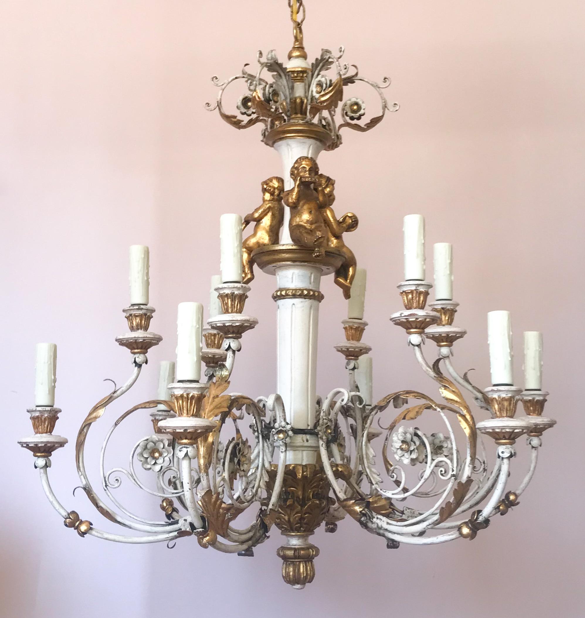 Louis XV Italian Painted and Parcel-Gilt Carved Wood Chandelier