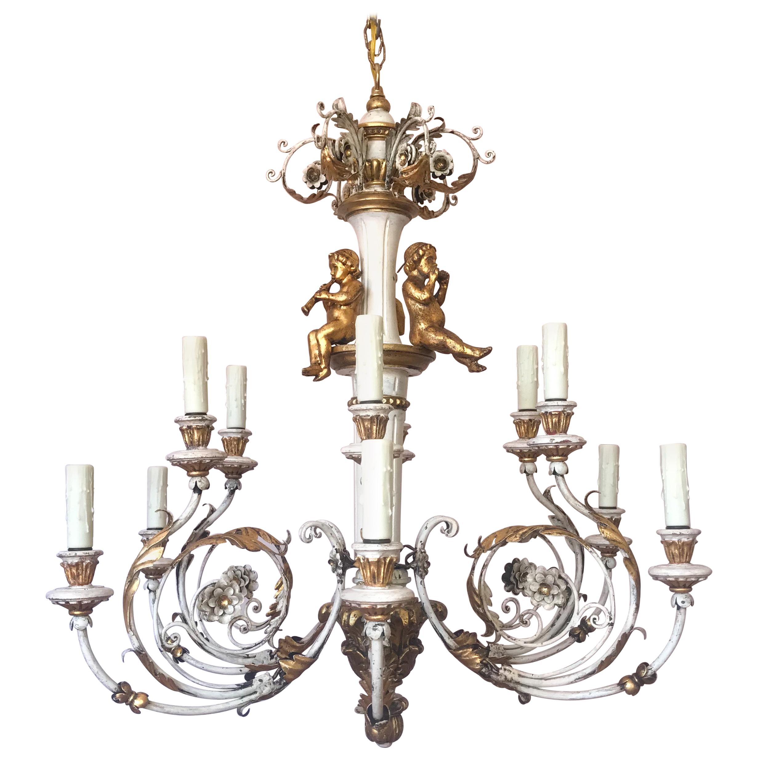 Italian Painted and Parcel-Gilt Carved Wood Chandelier