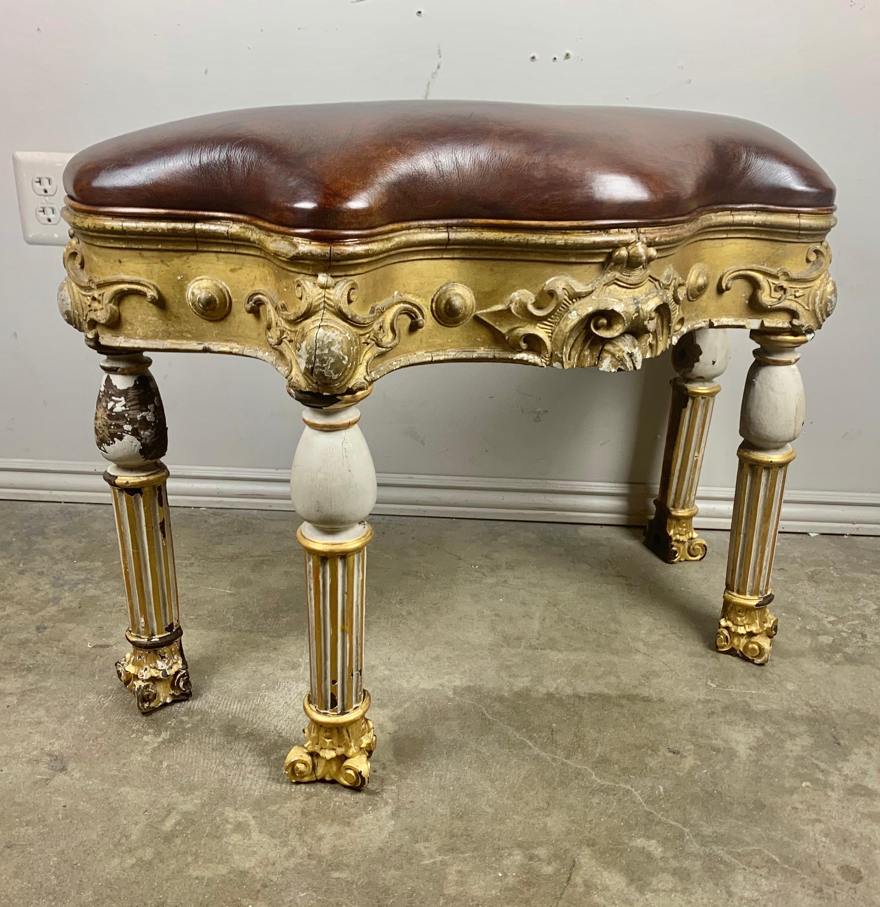 Italian Painted and Parcel Gilt Leather Bench For Sale 5