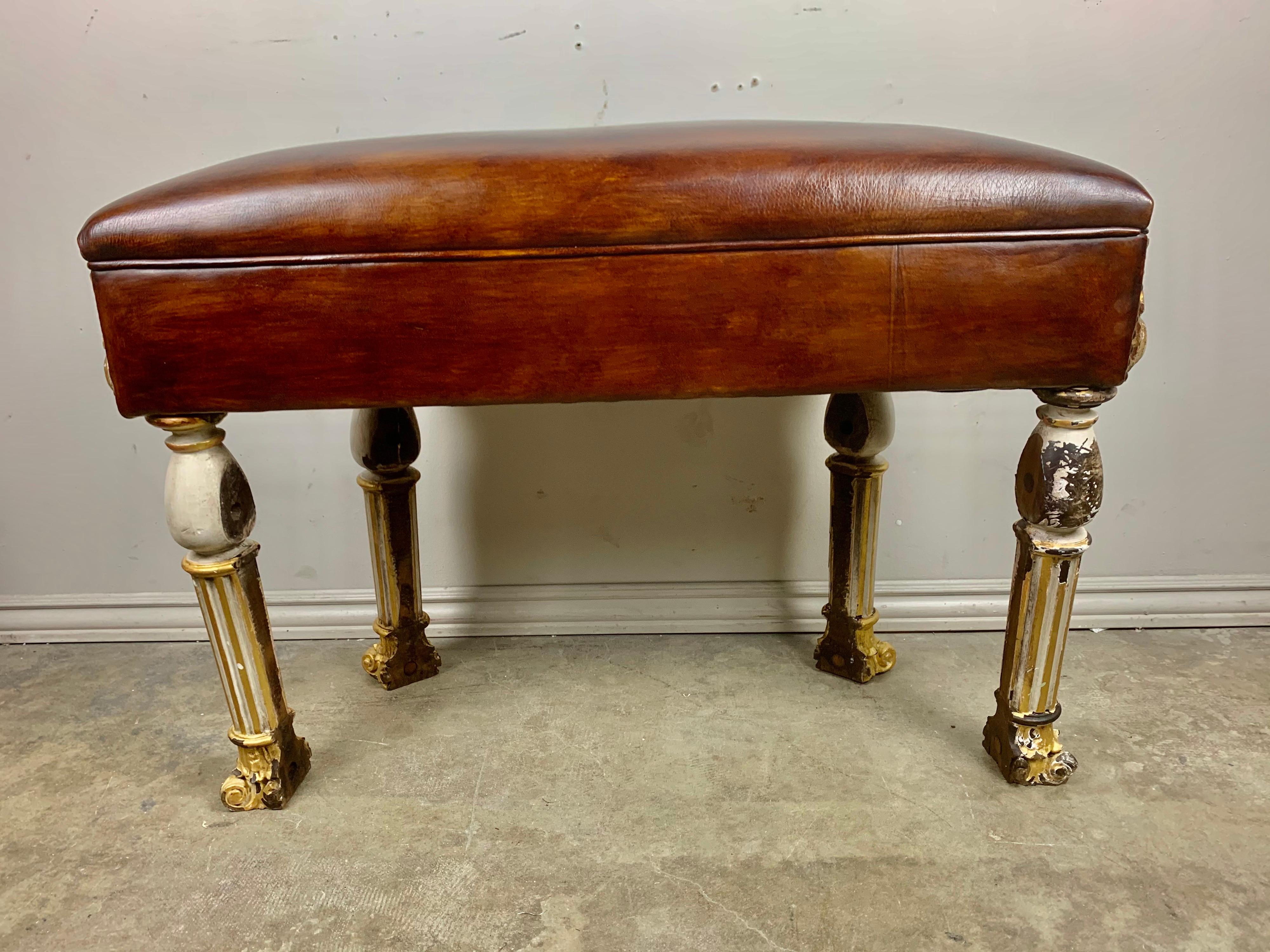 Italian Painted and Parcel Gilt Leather Bench For Sale 6