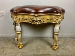 Italian Neoclassical Bench, Hand-Painted Leather, Giltwood Legs, 1900s