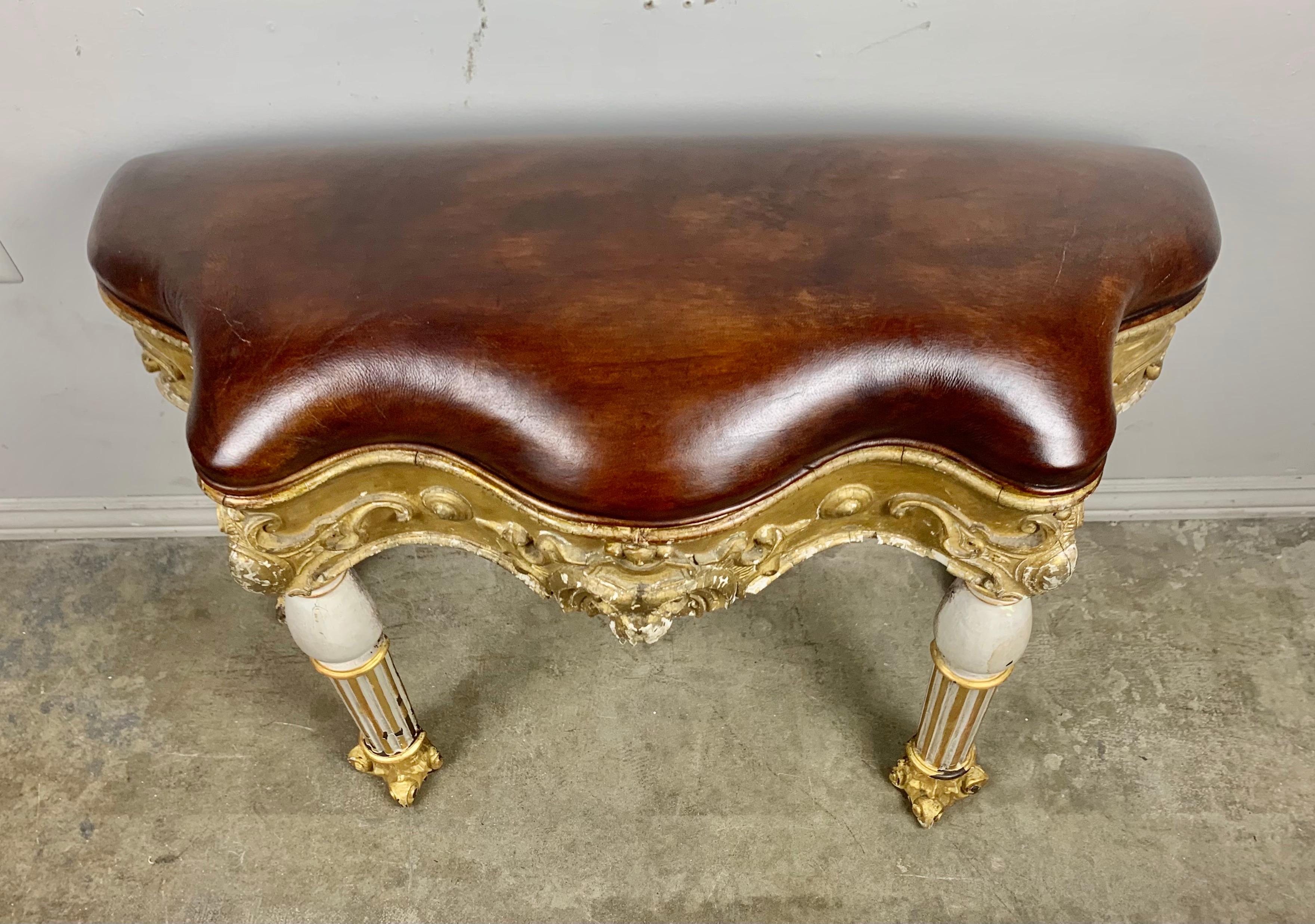 Neoclassical Italian Painted and Parcel Gilt Leather Bench For Sale