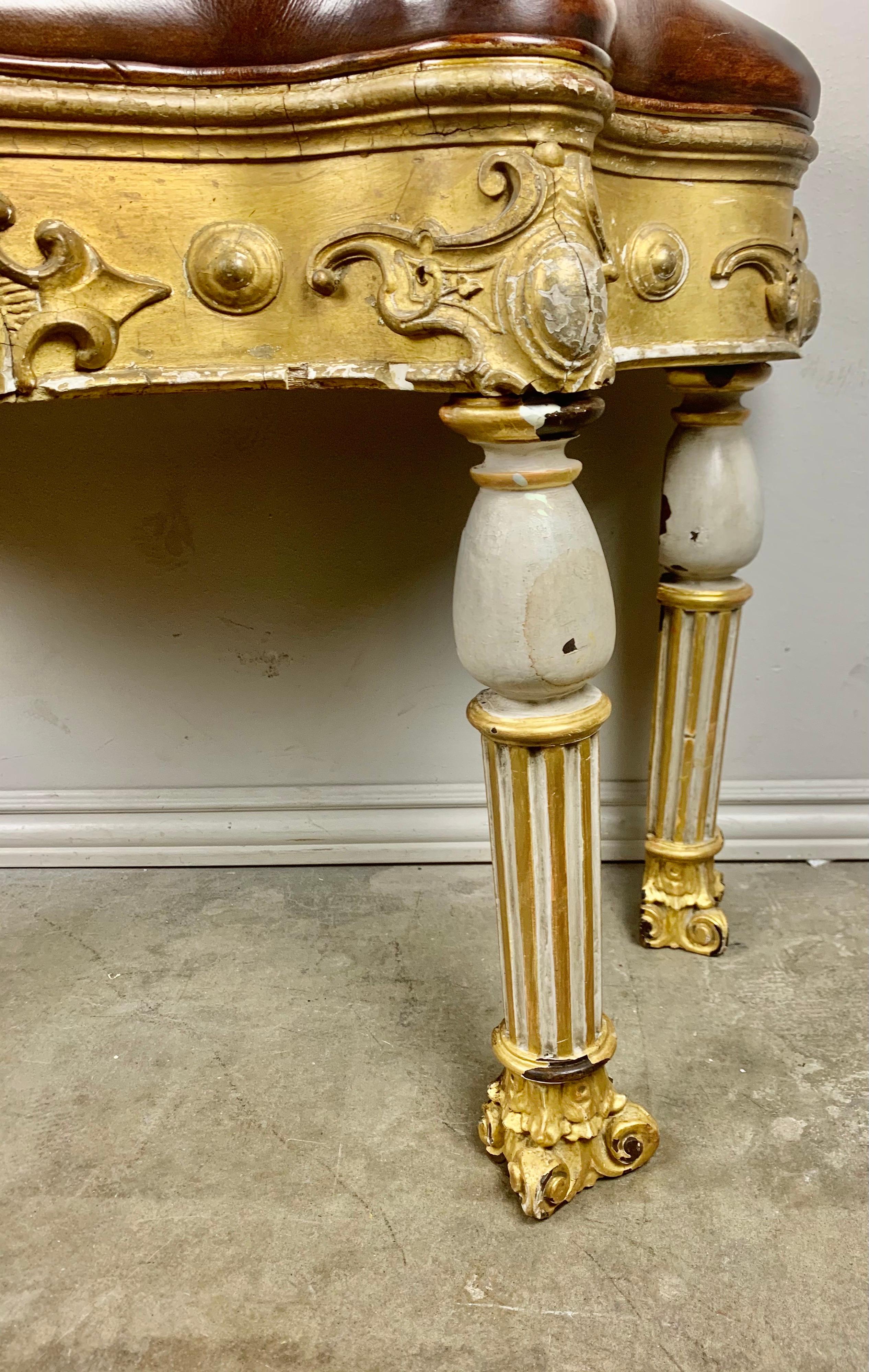 Hand-Painted Italian Painted and Parcel Gilt Leather Bench For Sale