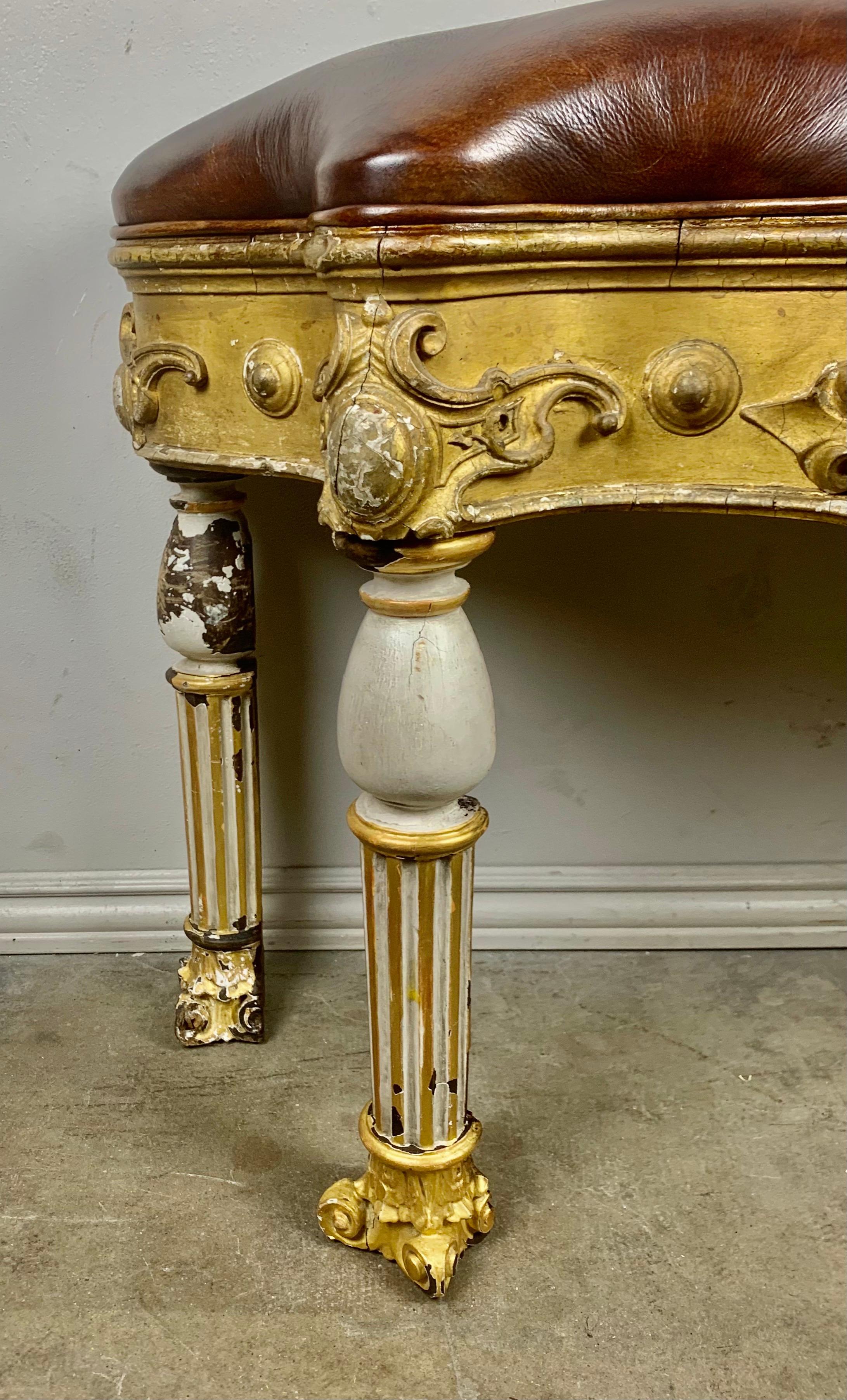 Early 20th Century Italian Painted and Parcel Gilt Leather Bench For Sale