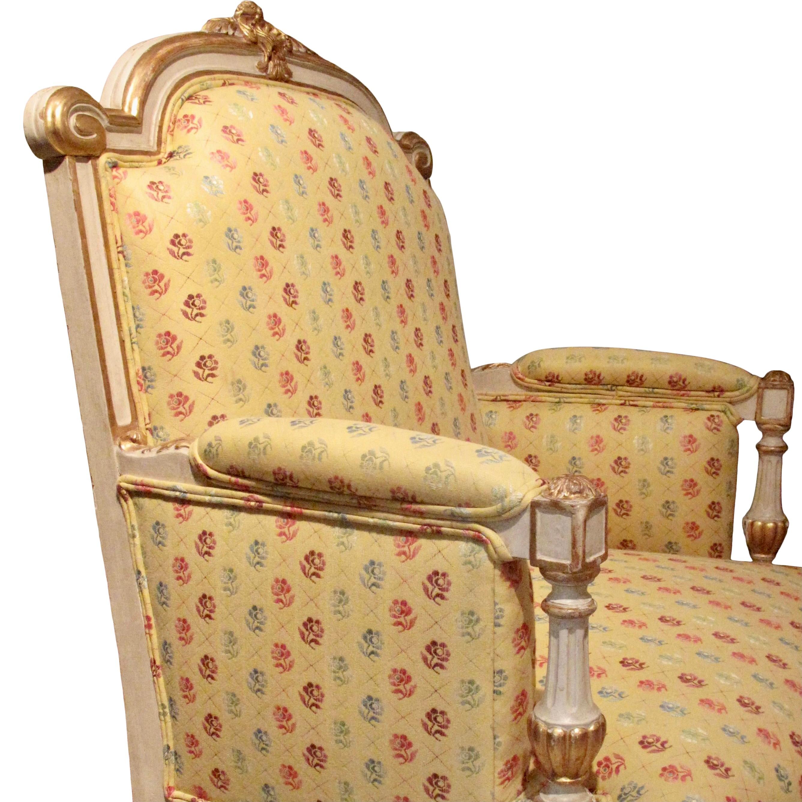 Wood Italian Painted And Parcel Gilt Marquise Armchair, 19th Century For Sale