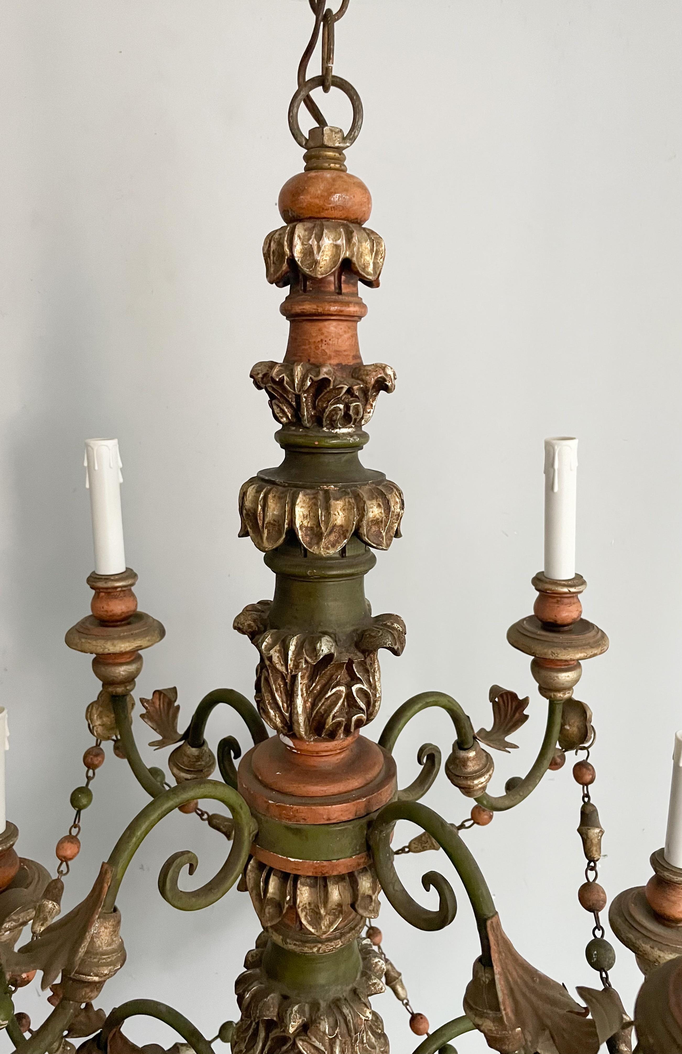 Baroque Italian Painted And Parcel-Gilt Wood Beaded Chandelier For Sale