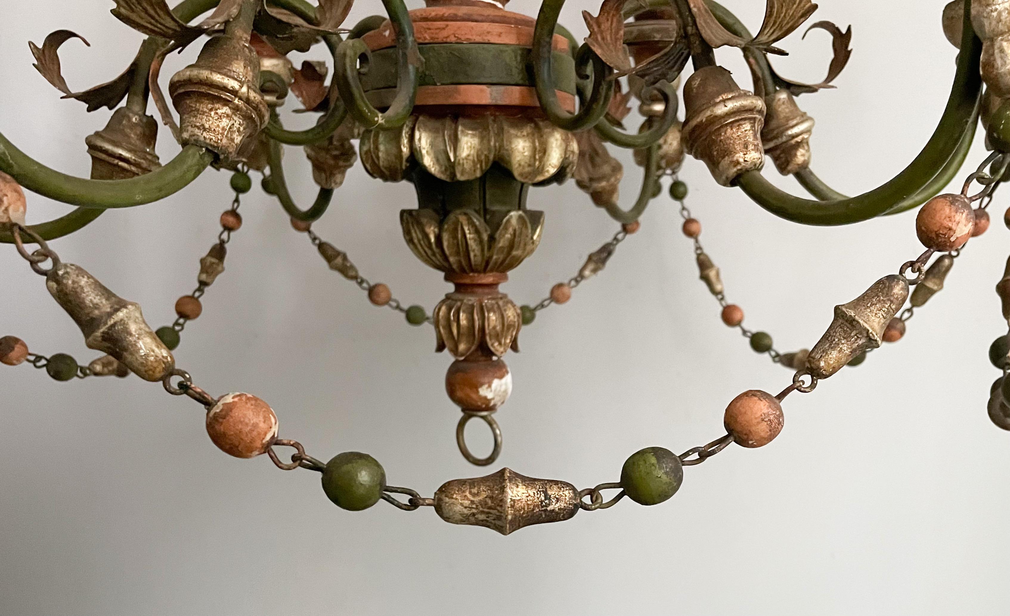 Iron Italian Painted And Parcel-Gilt Wood Beaded Chandelier For Sale
