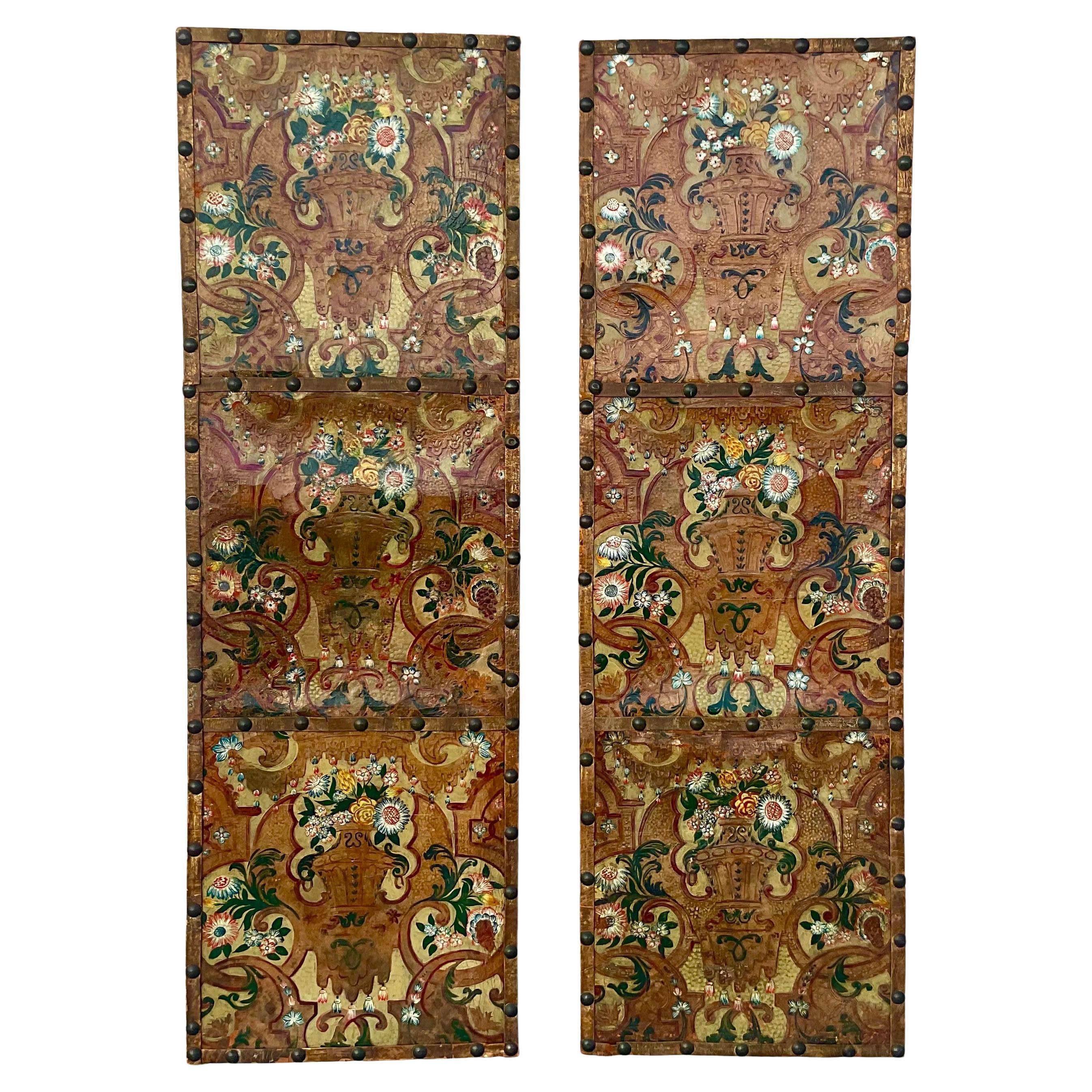 Italian Painted and Tooled Leather Panels A Pair