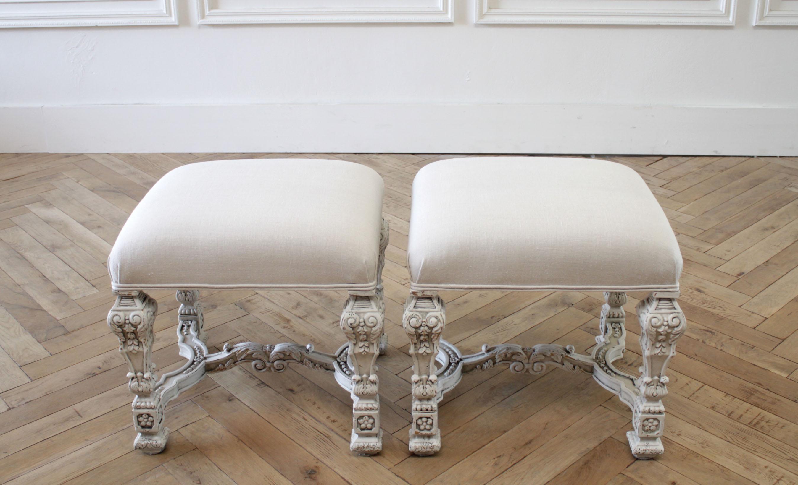 Italian painted and upholstered ottomans or vanity stools
Sold individually.
Painted in a soft oyster white, with subtle distressing, and finished with an antique glazed patina.
Upholstered in oatmeal light natural Belgian linen.
Solid and