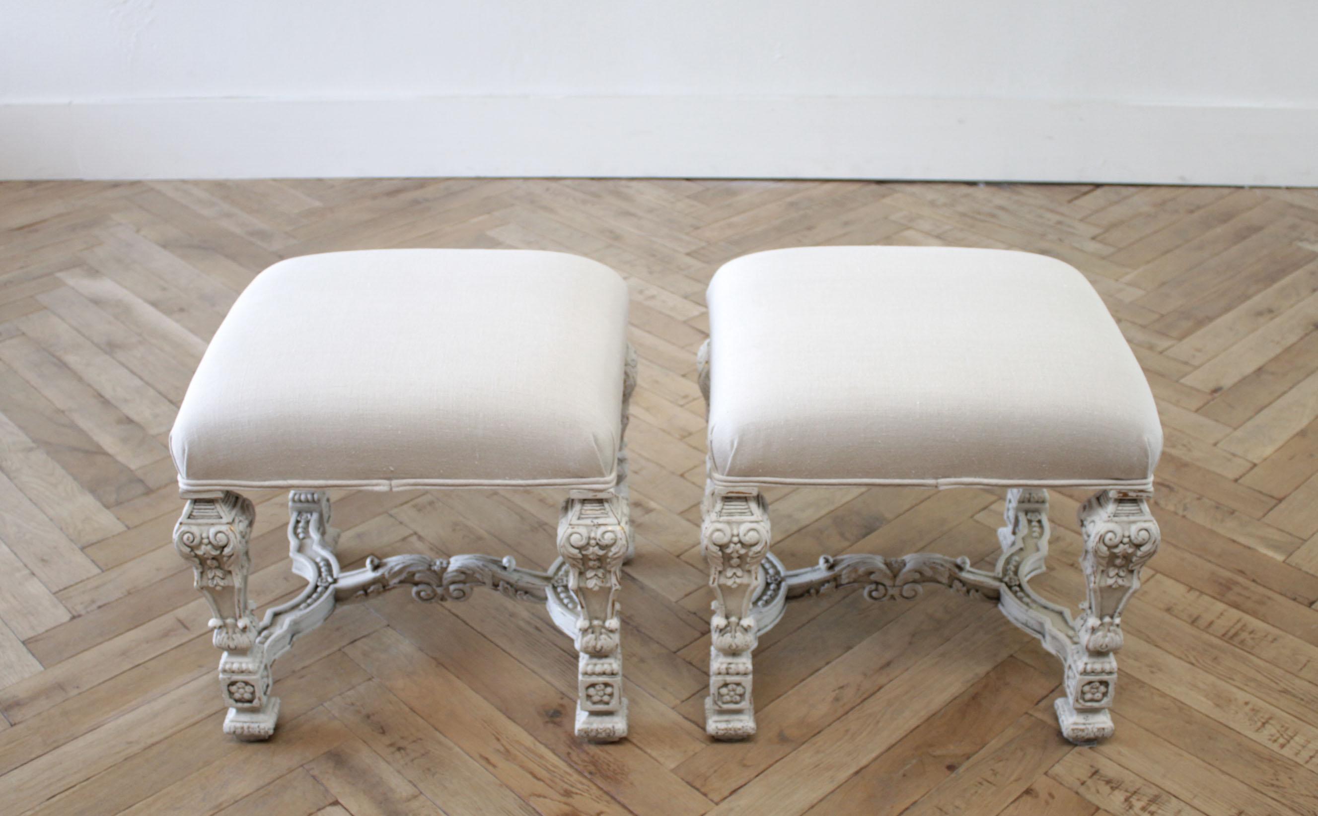 Italian Painted and Upholstered Ottomans or Vanity Stools In Good Condition In Brea, CA