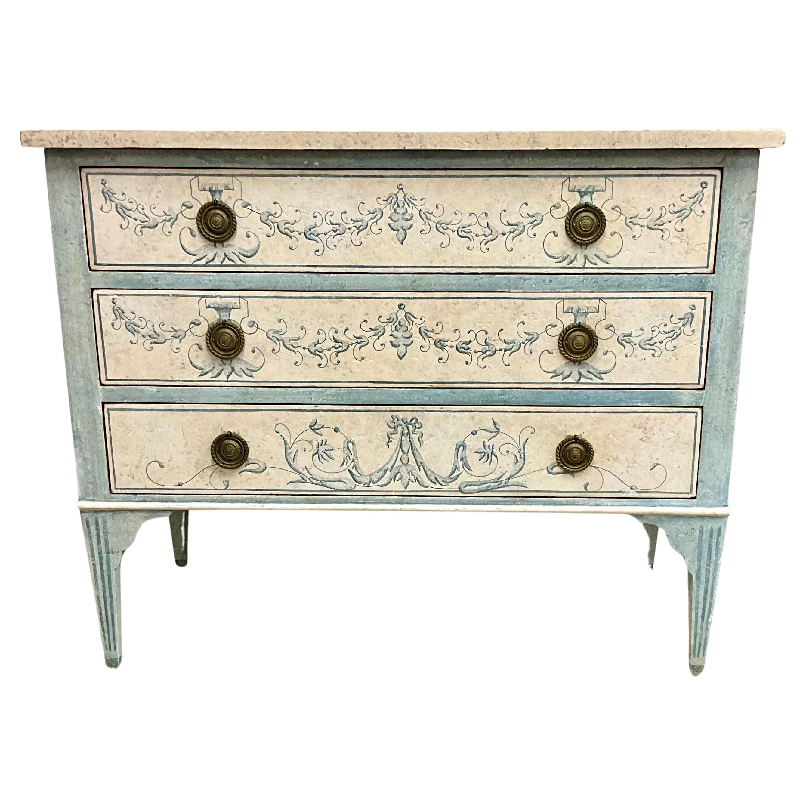 Italian Painted Blue and White 3 Drawer Commode