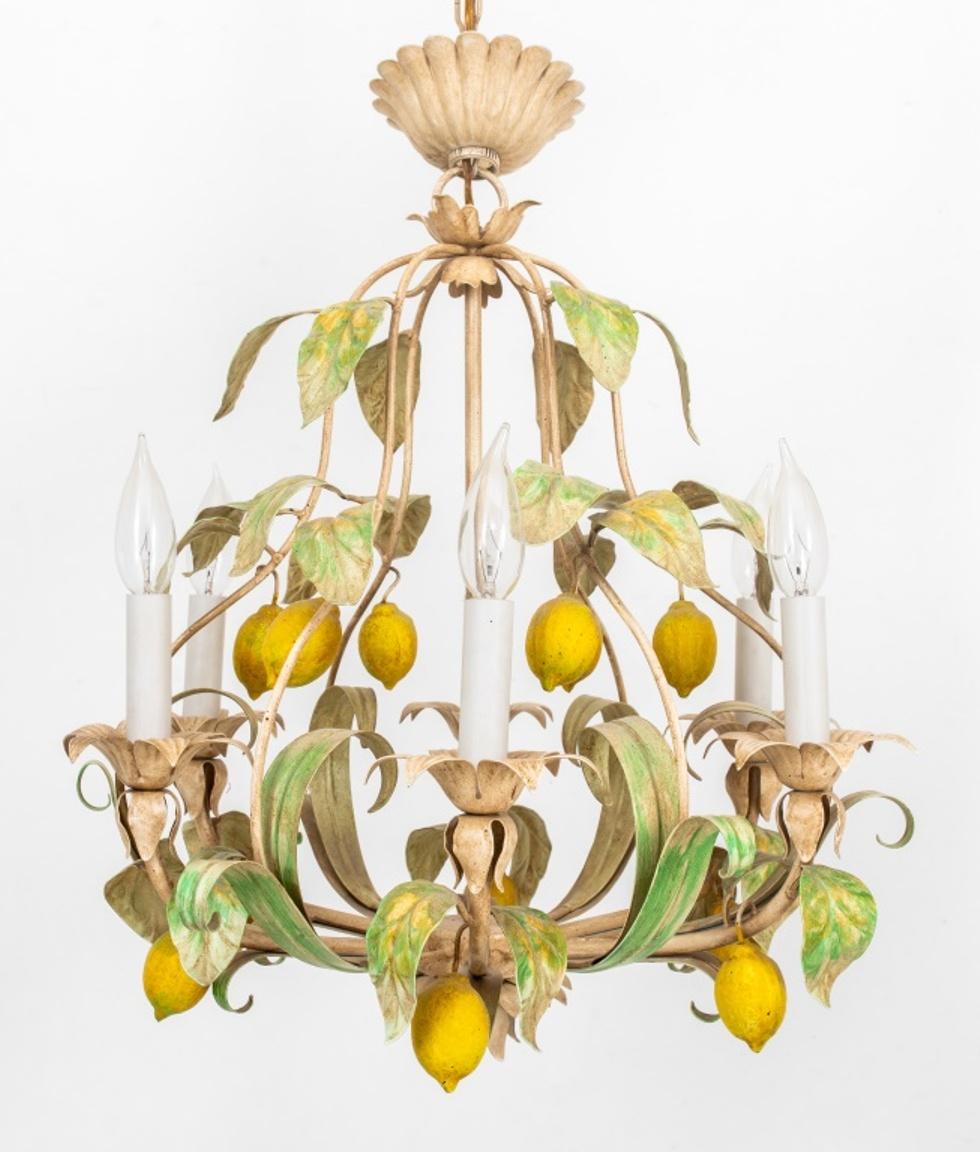 Italian Painted Cage Form Six Light Pear Chandelier, 1960s or later, naturalistically painted, the cage-form in the shape of a pear, and studded with lemons surrounded by leaves and six candle arms. 

Dimensions: 25