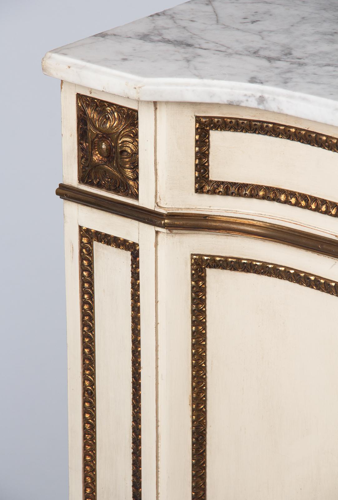 Brass Italian Painted Chest of Drawers with Marble Top in Louis XVI Style, 1940s