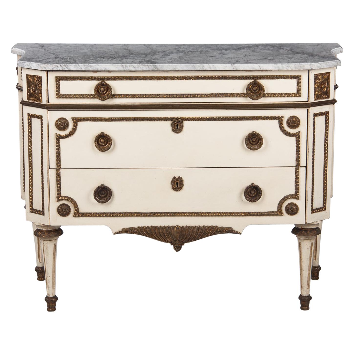Italian Painted Chest of Drawers with Marble Top in Louis XVI Style, 1940s
