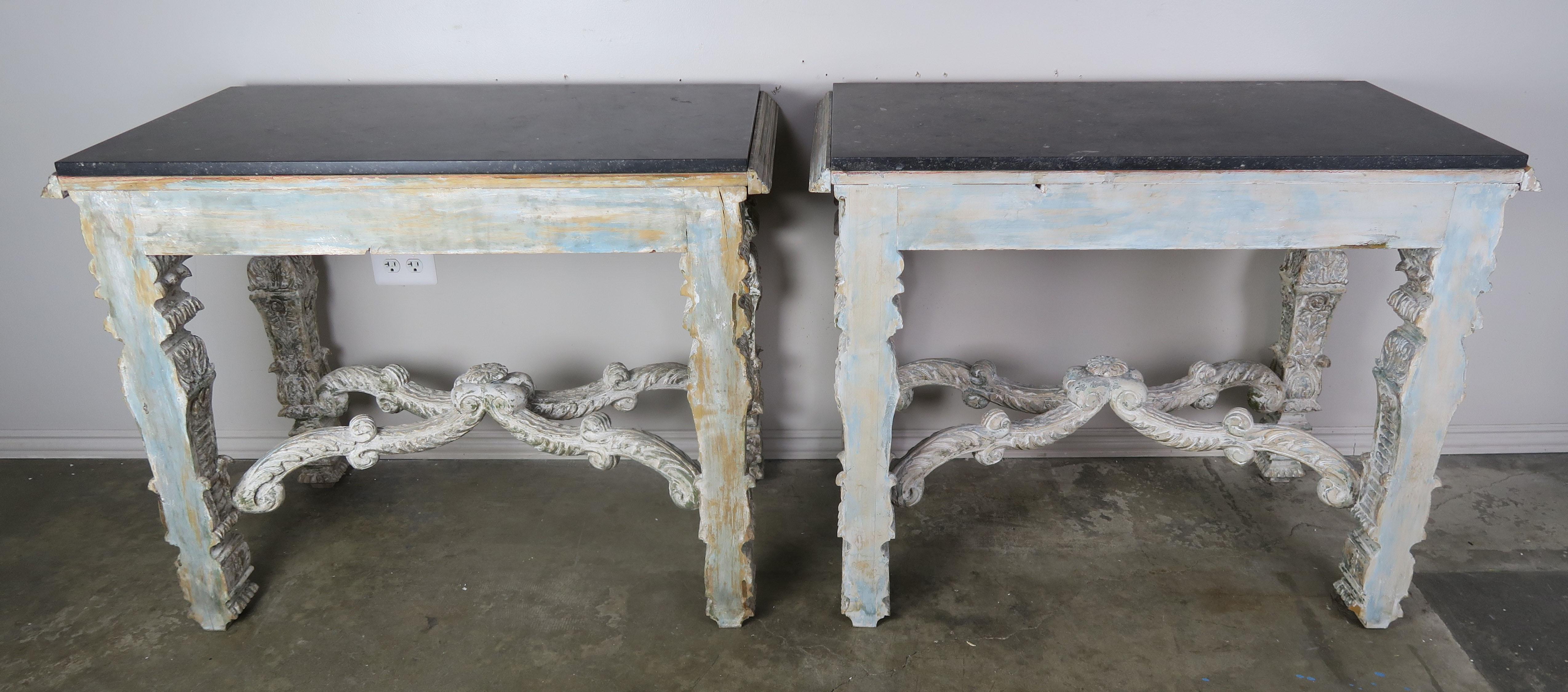 Italian Painted Consoles with Black Marble Tops, Pair 3
