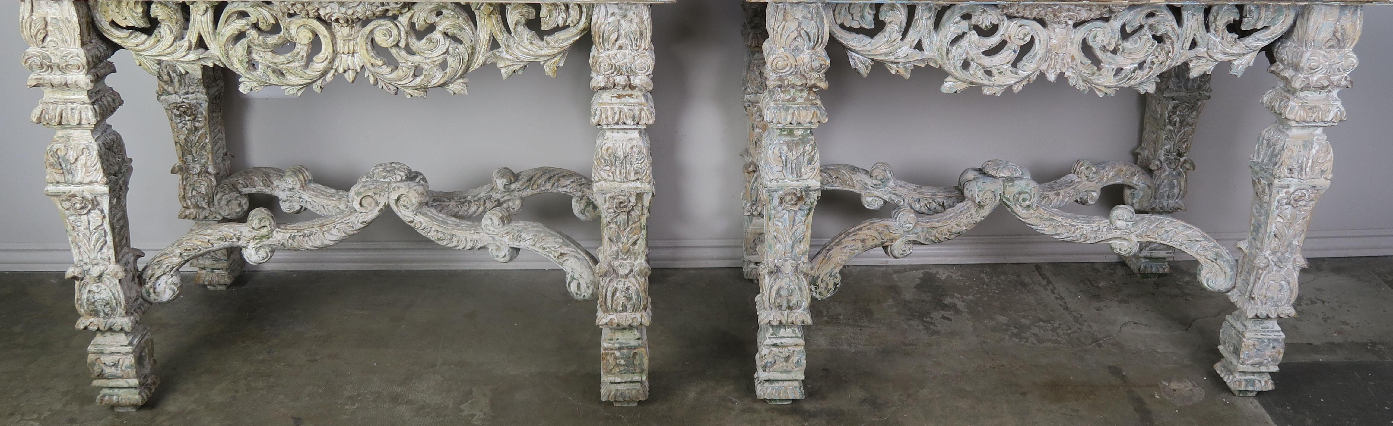 Baroque Italian Painted Consoles with Black Marble Tops, Pair