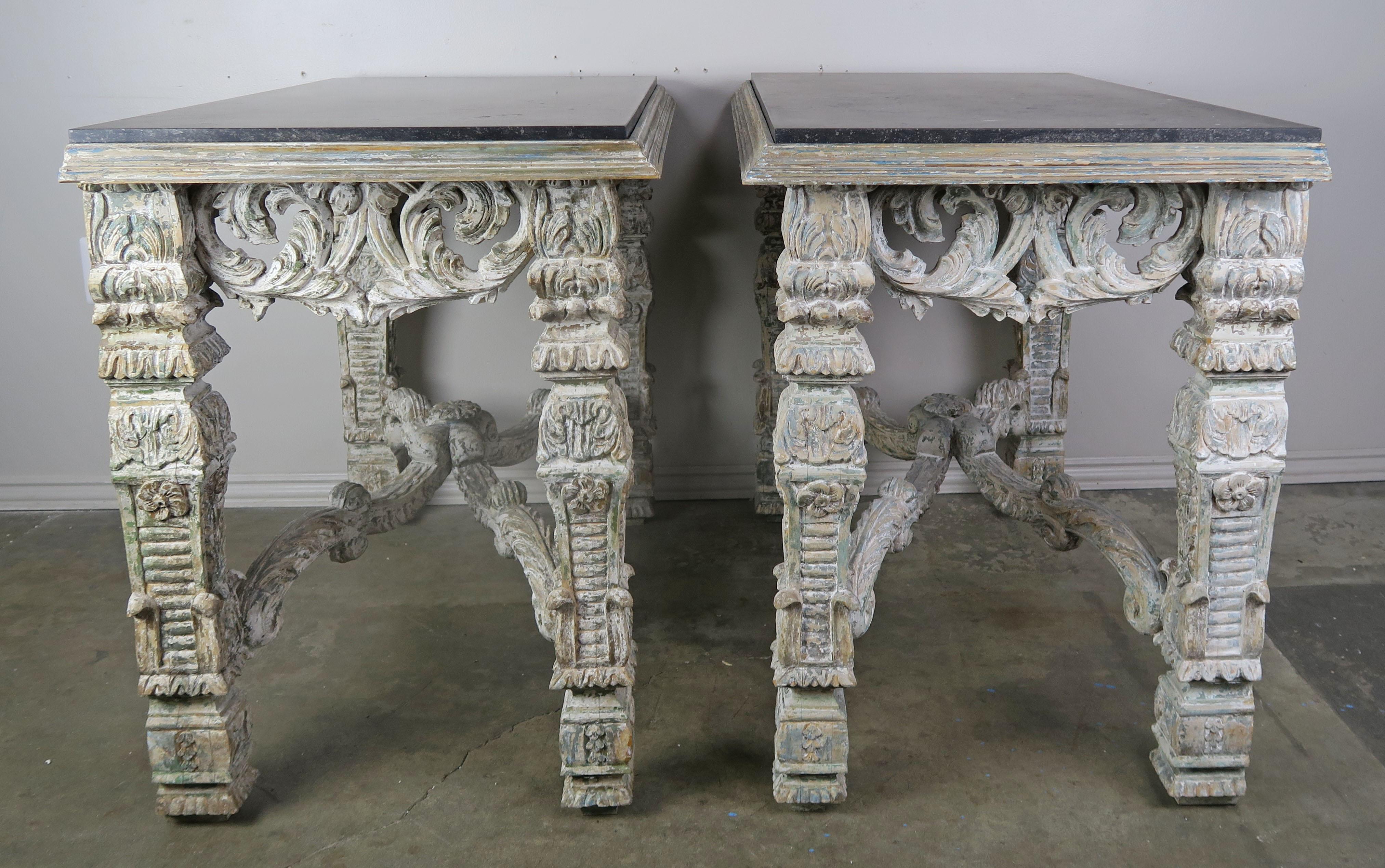 Hand-Painted Italian Painted Consoles with Black Marble Tops, Pair