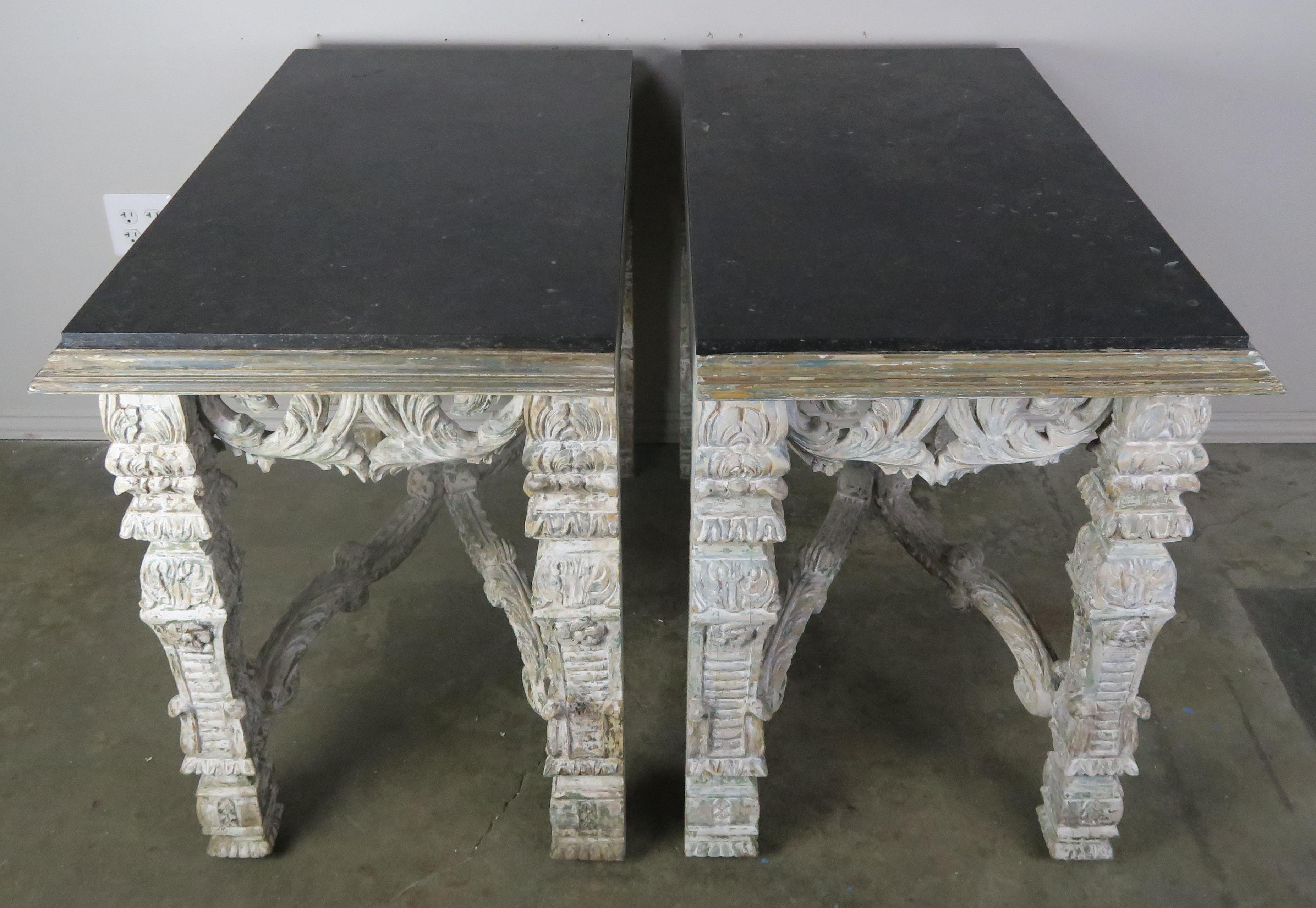 Italian Painted Consoles with Black Marble Tops, Pair 1